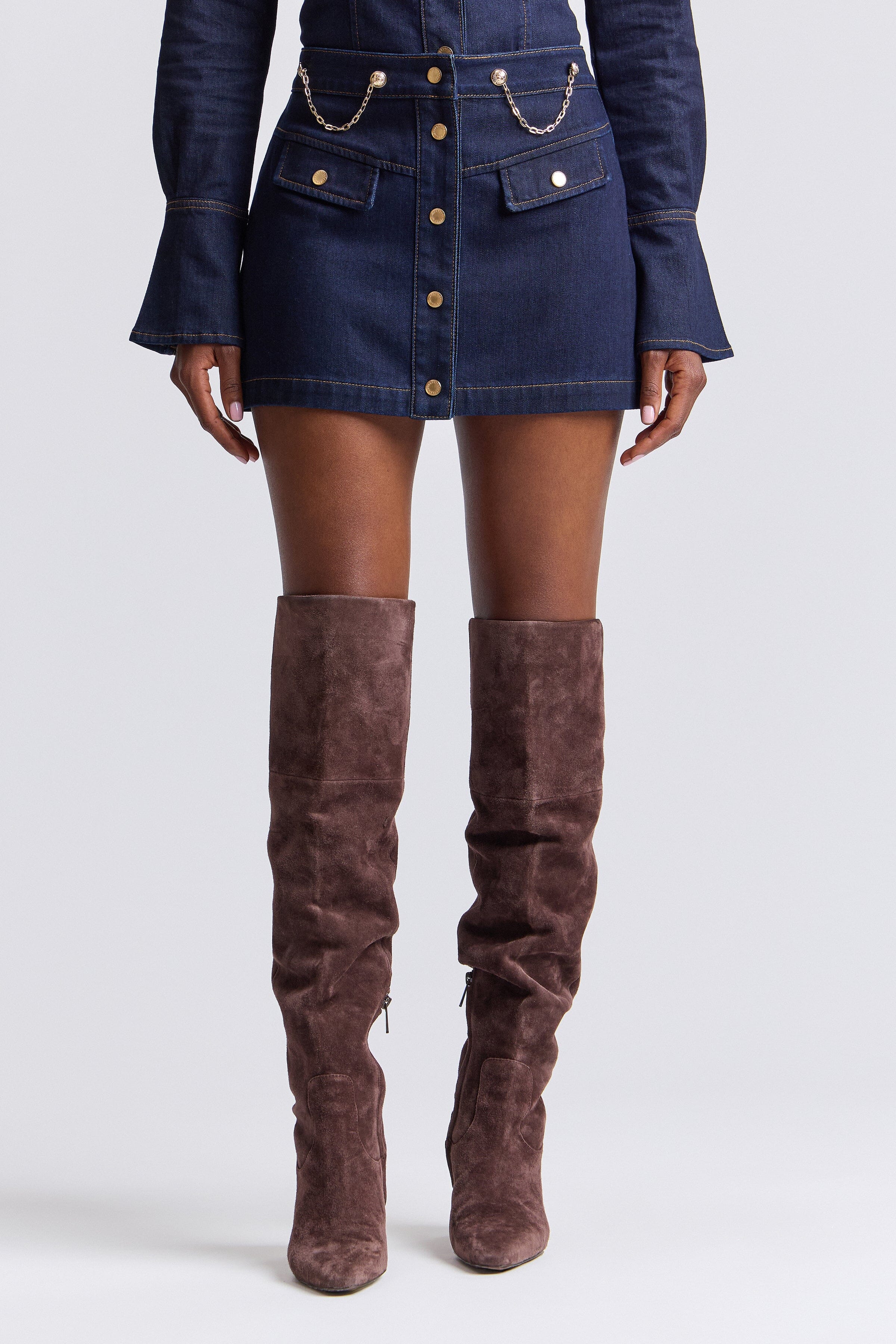 Dark indigo denim skirt with chains and high-rise - Shop designer women's cute denim mini skirts by Avec Les Filles.