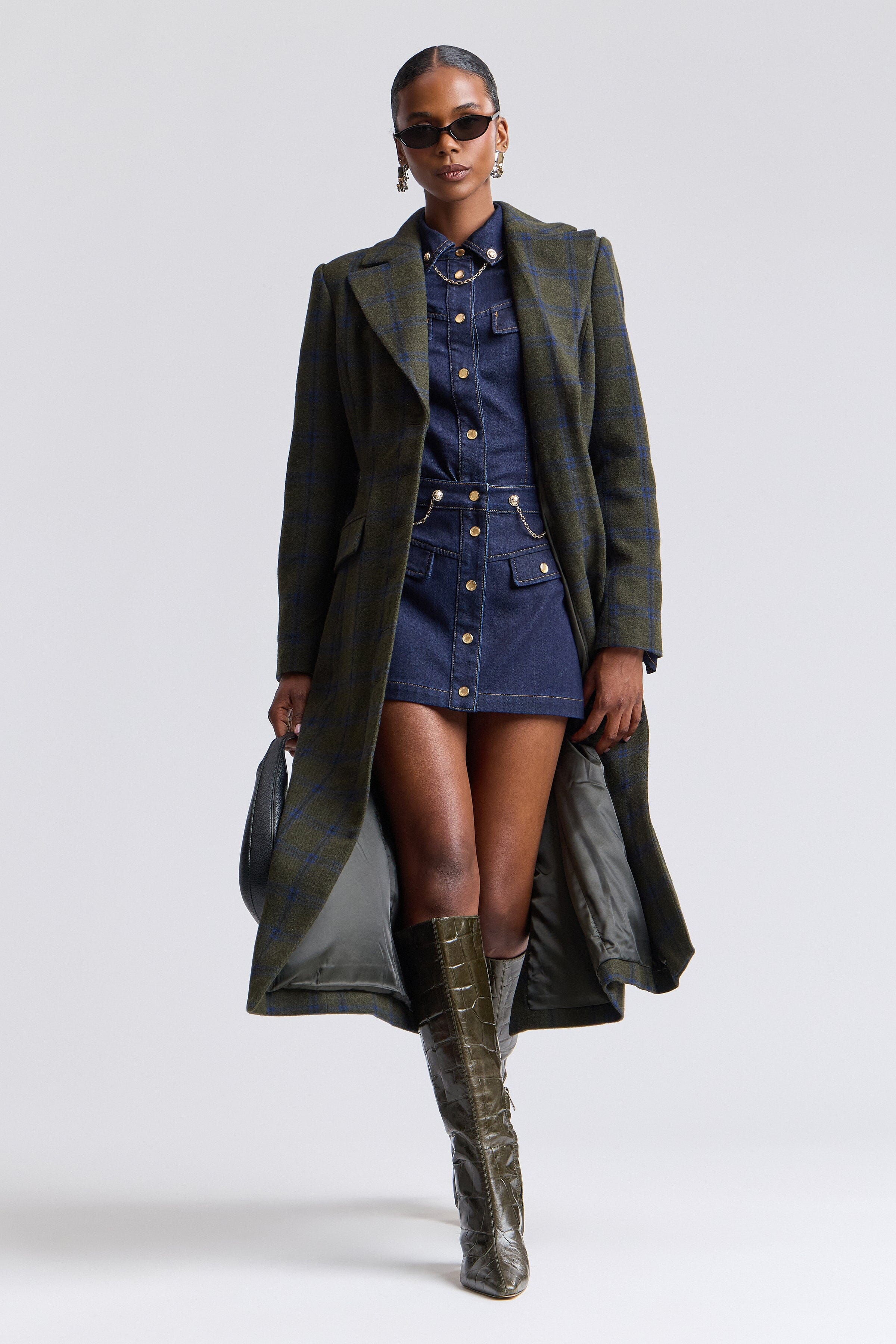 Single-breasted maxi blue green plaid coat with long sleeves - Shop designer women's plaid coats by Avec Les Filles.