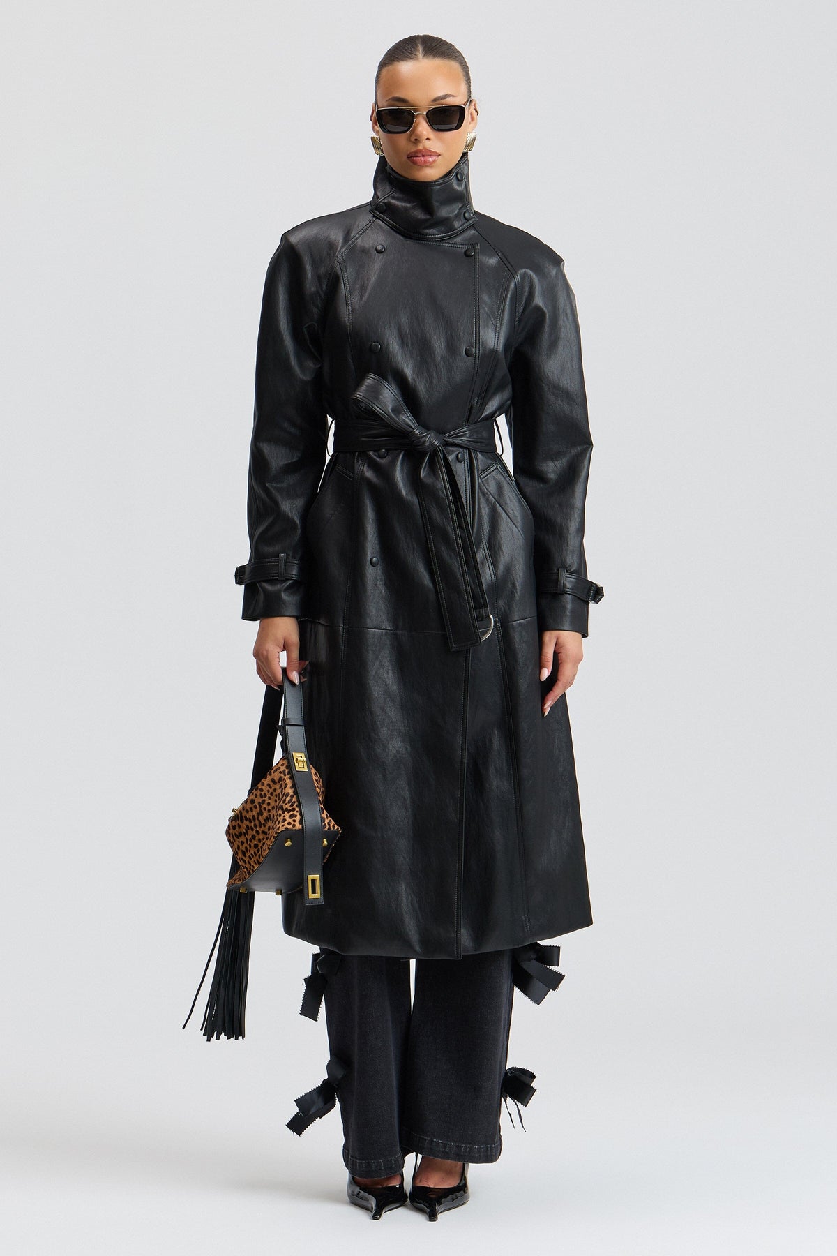 Double-breasted leather jacket black long with funnel neck and raglan sleeves - Shop trench coats by Avec Les Filles.