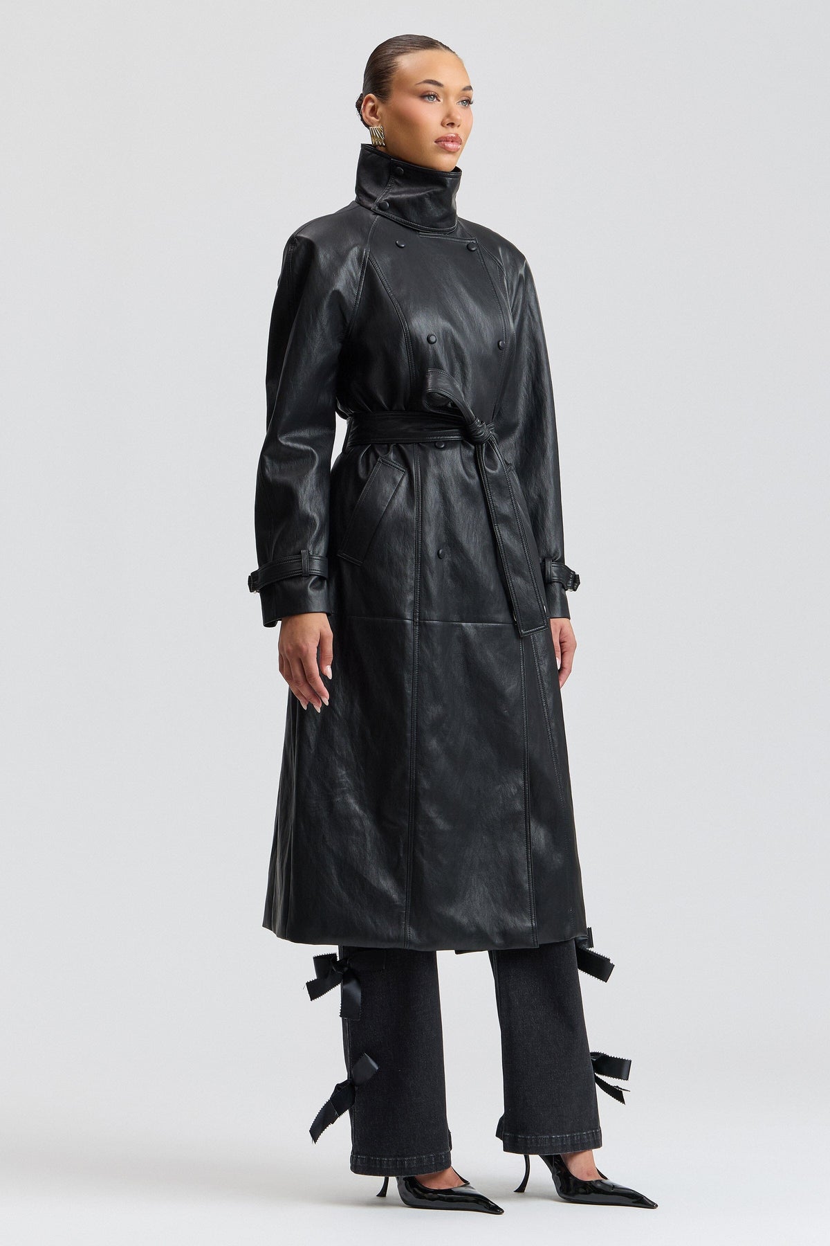 Double-breasted belted long black trench coat women - Shop designer women's cute trench coats by Avec Les Filles.
