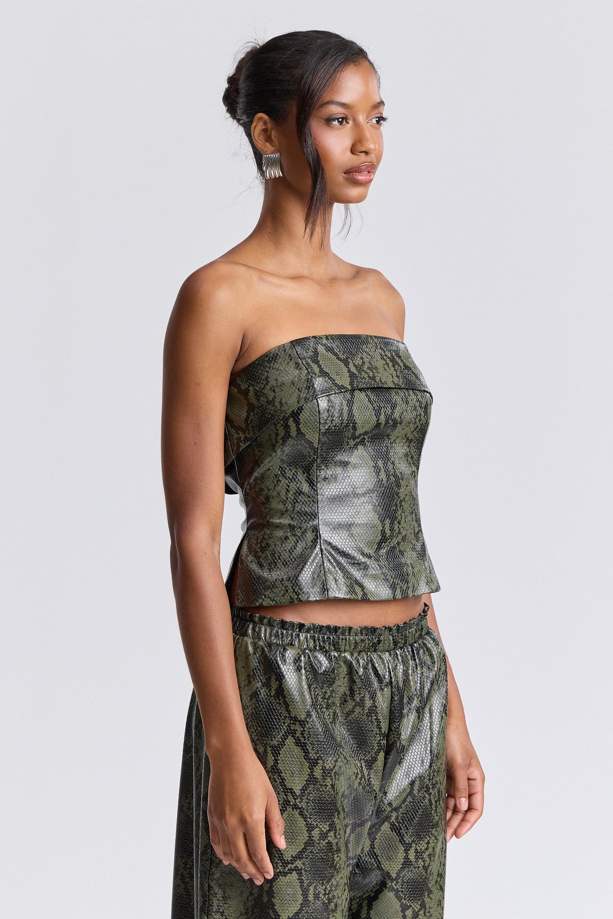 Olive green faux leather top womens with a wide foldover neck - Shop designer tube tops by Avec Les Filles.
