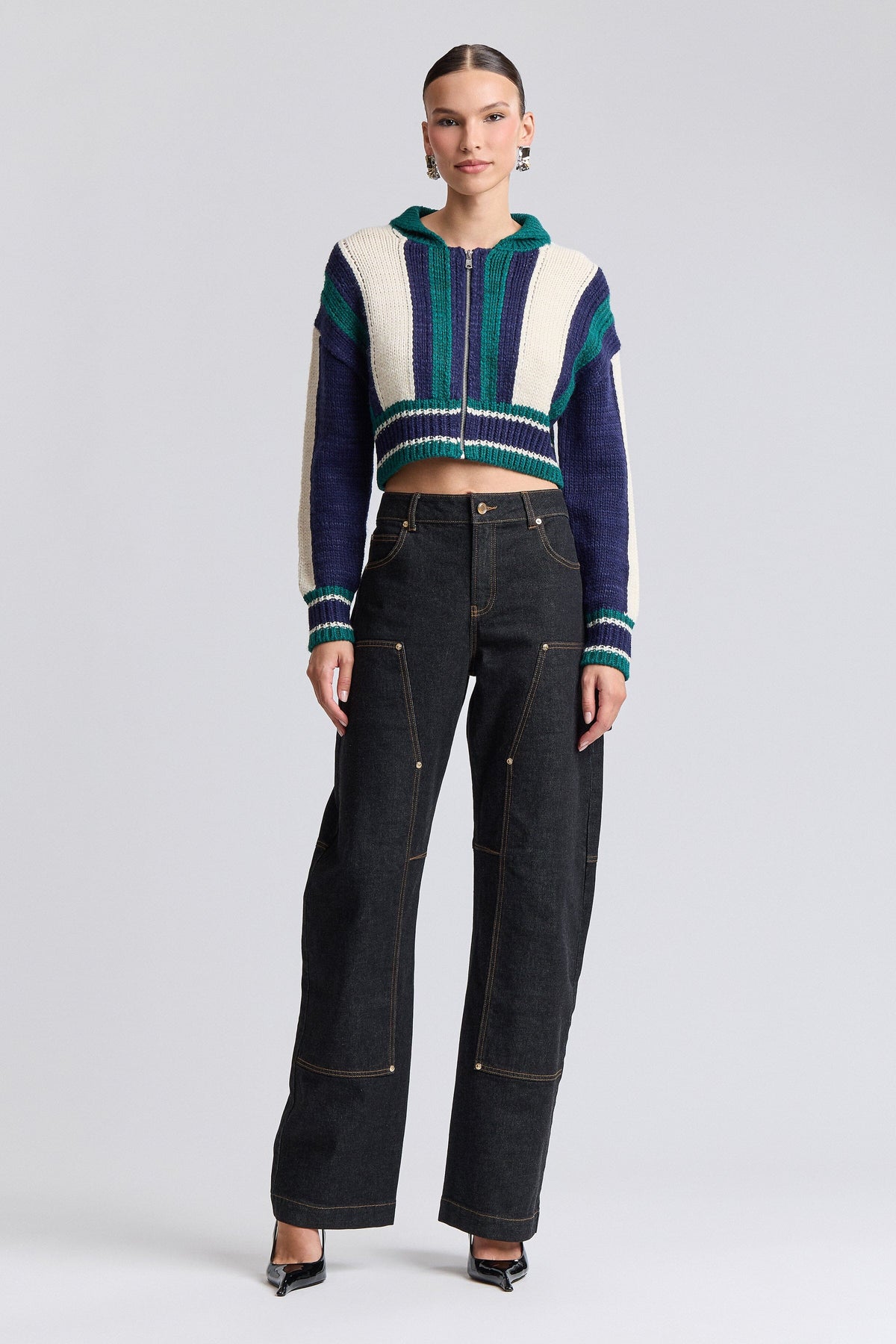 Black denim wash wide leg carpenter jeans with a mid-rise waist - Shop women's jeans pants by Avec Les Filles.