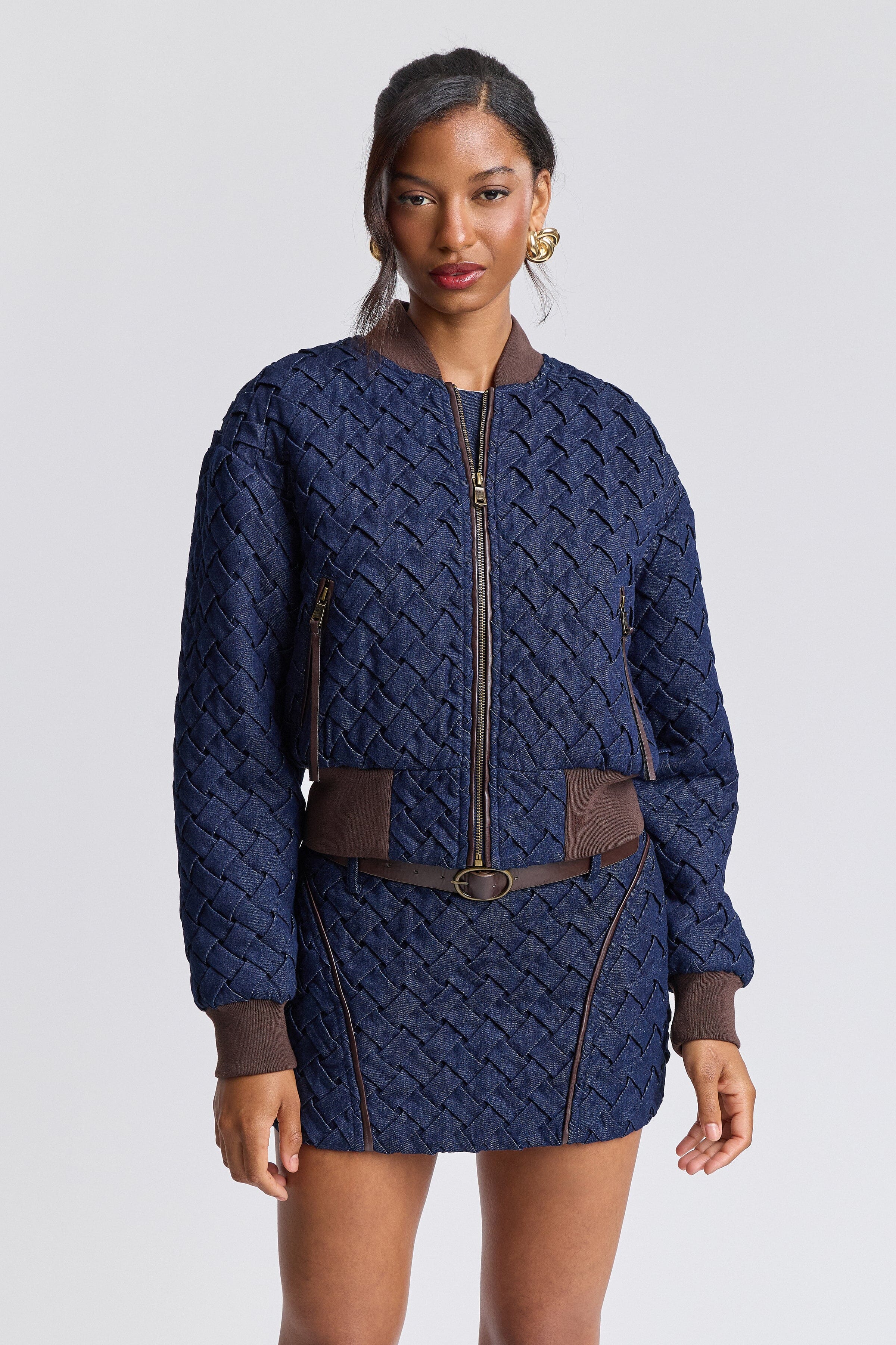 indigo blue denim bomber jacket women with zip-front and long blouson sleeves - Shop cute jackets by Avec Les Filles.