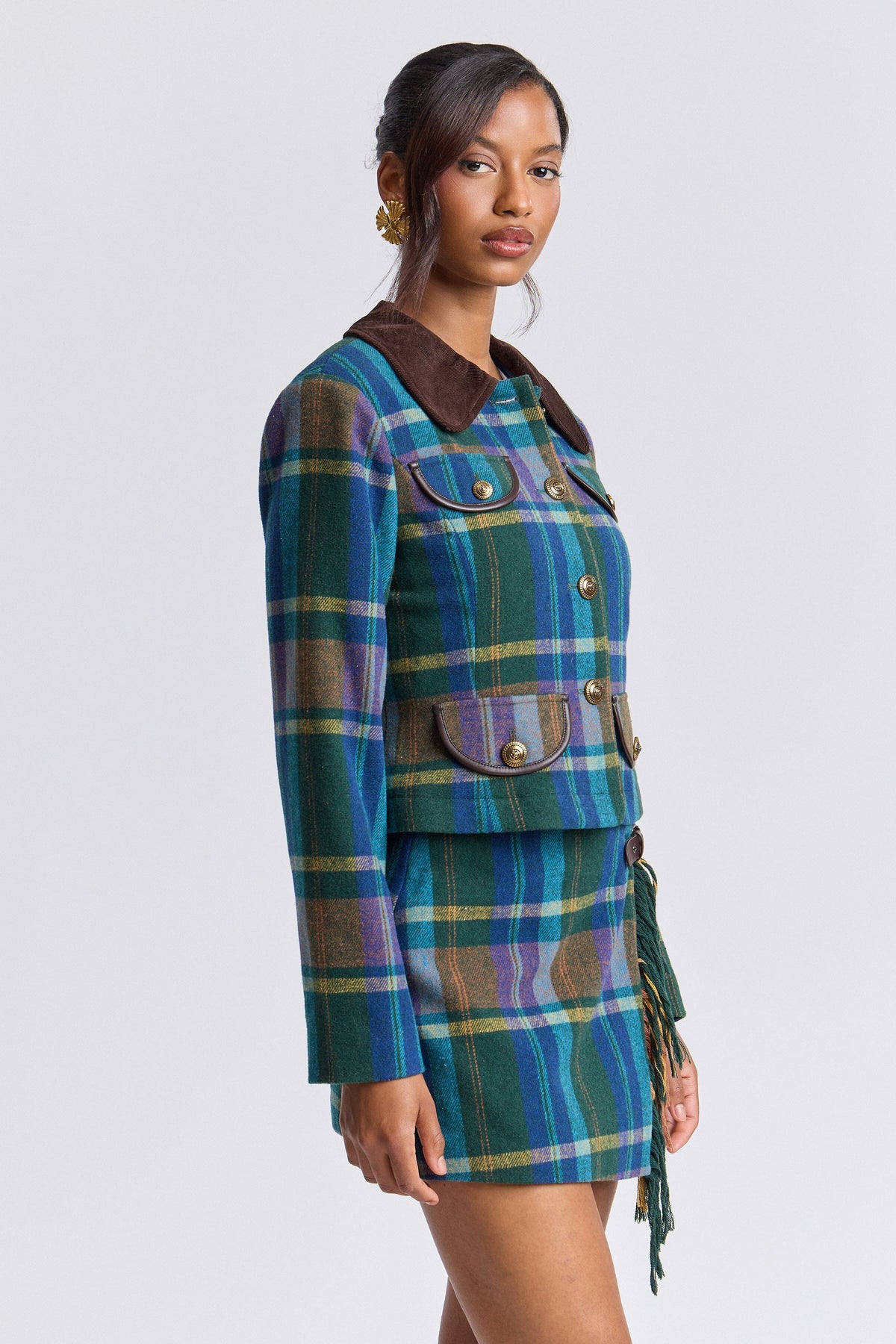 Green multi-plaid jacket with a button front and corduroy collar. Shop women's cute plaid jackets by Avec Les Filles.