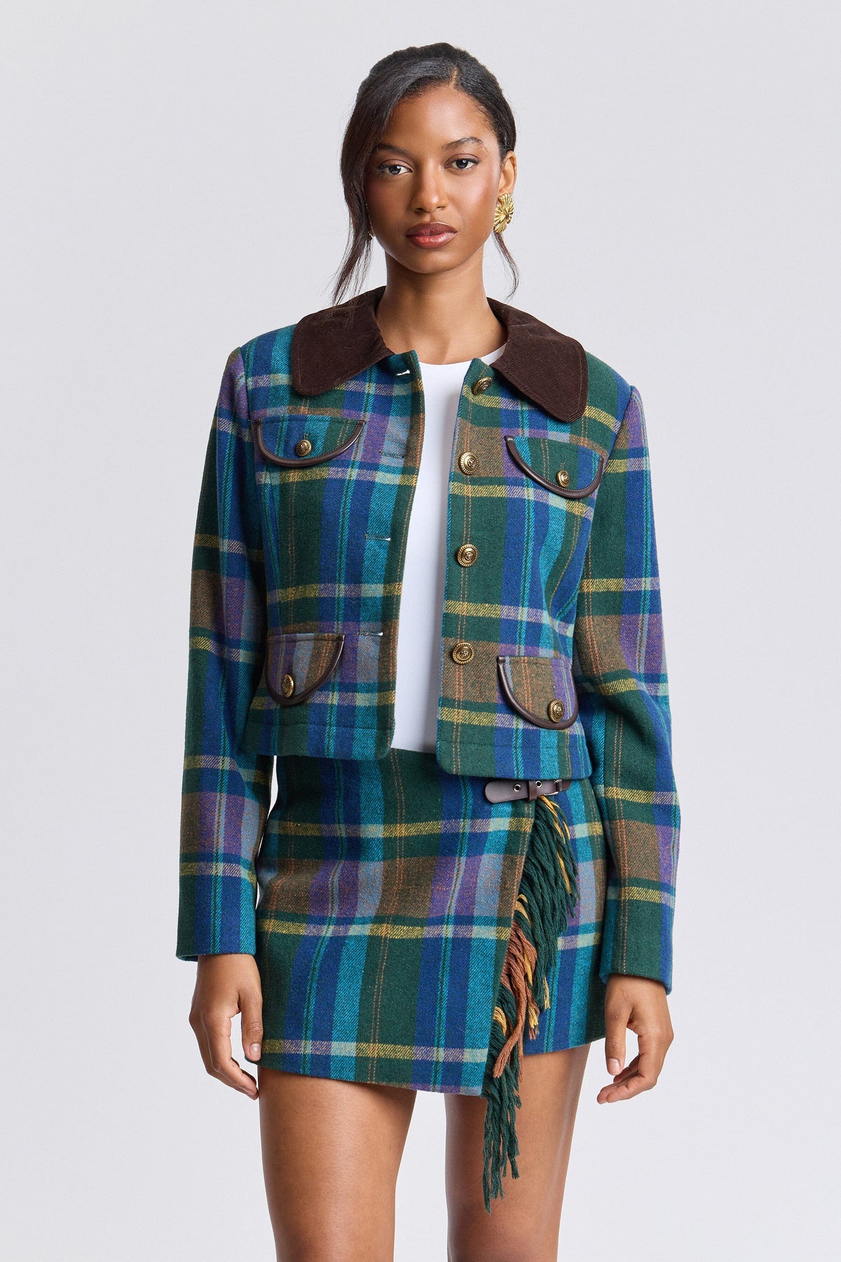 Slim four-pocket green multi-plaid jacket with a button front - Shop women's cute plaid jackets by Avec Les Filles.
