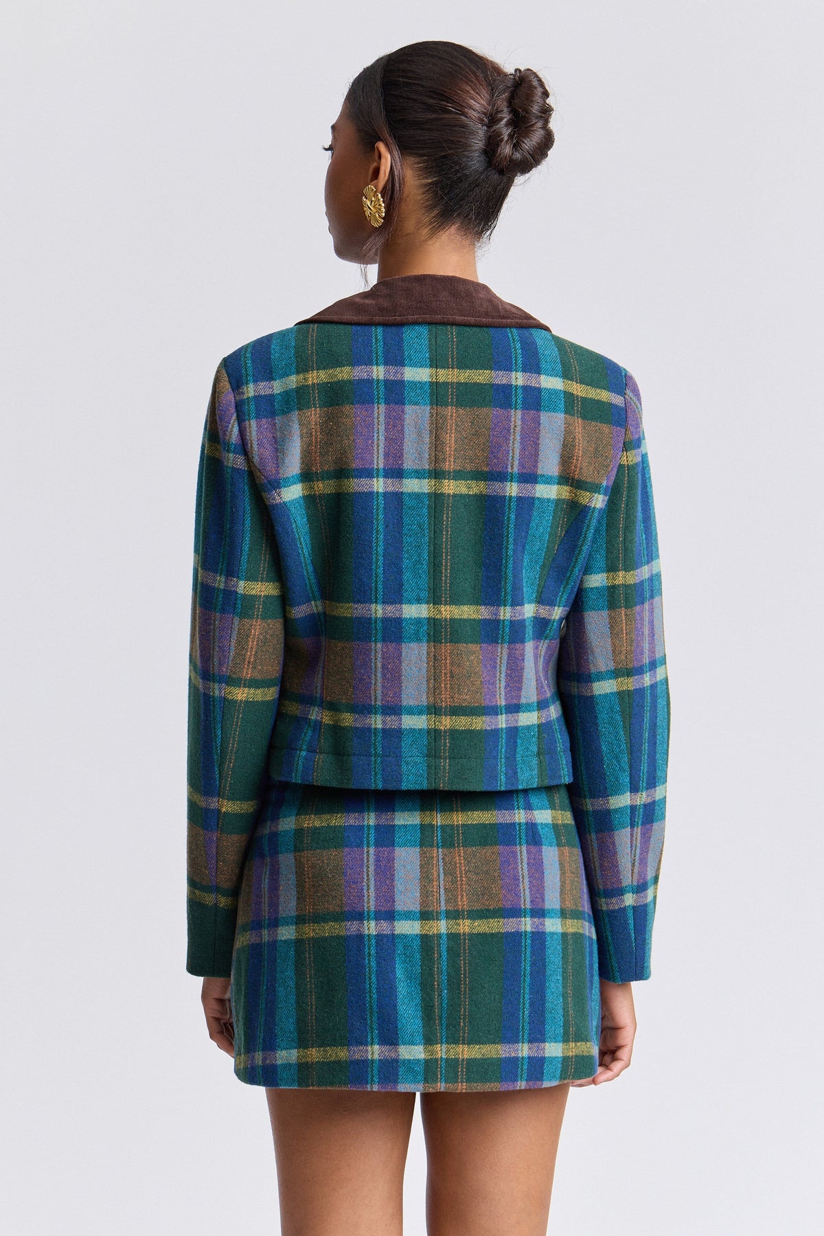 Slim four-pocket green multi-plaid jacket with a corduroy collar. Shop women's cute plaid jackets by Avec Les Filles.
