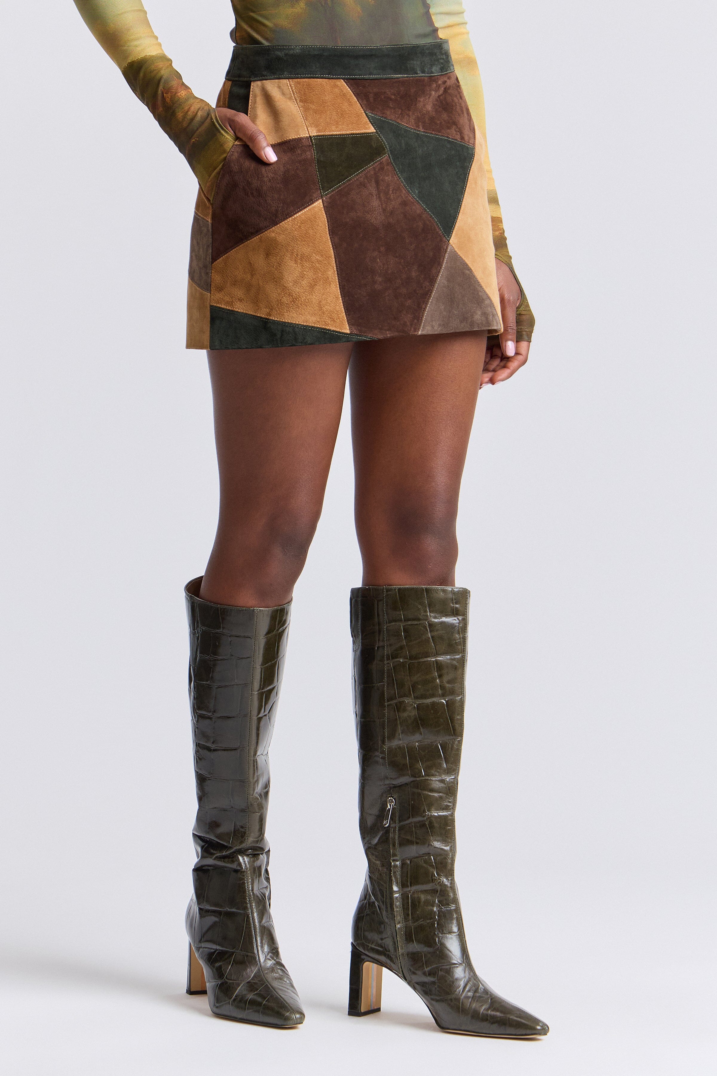 Mini genuine suede patchwork skirt with front pockets and fitted waist - Shop women's mini skirts by Avec Les Filles.
