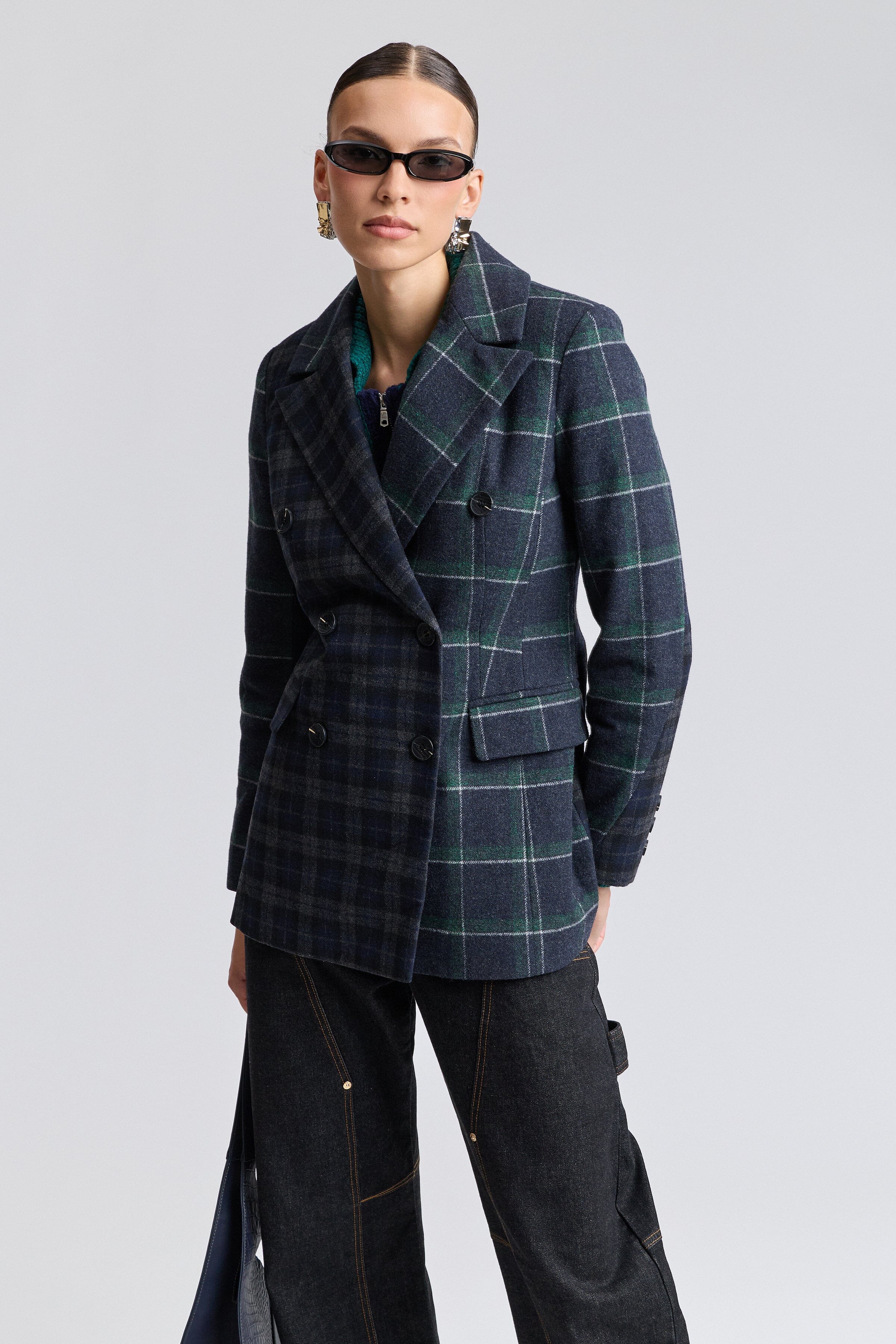 Double-breasted button-front blazer plaid womens with long sleeves - Shop cute plaid blazer jackets by Avec Les Filles.