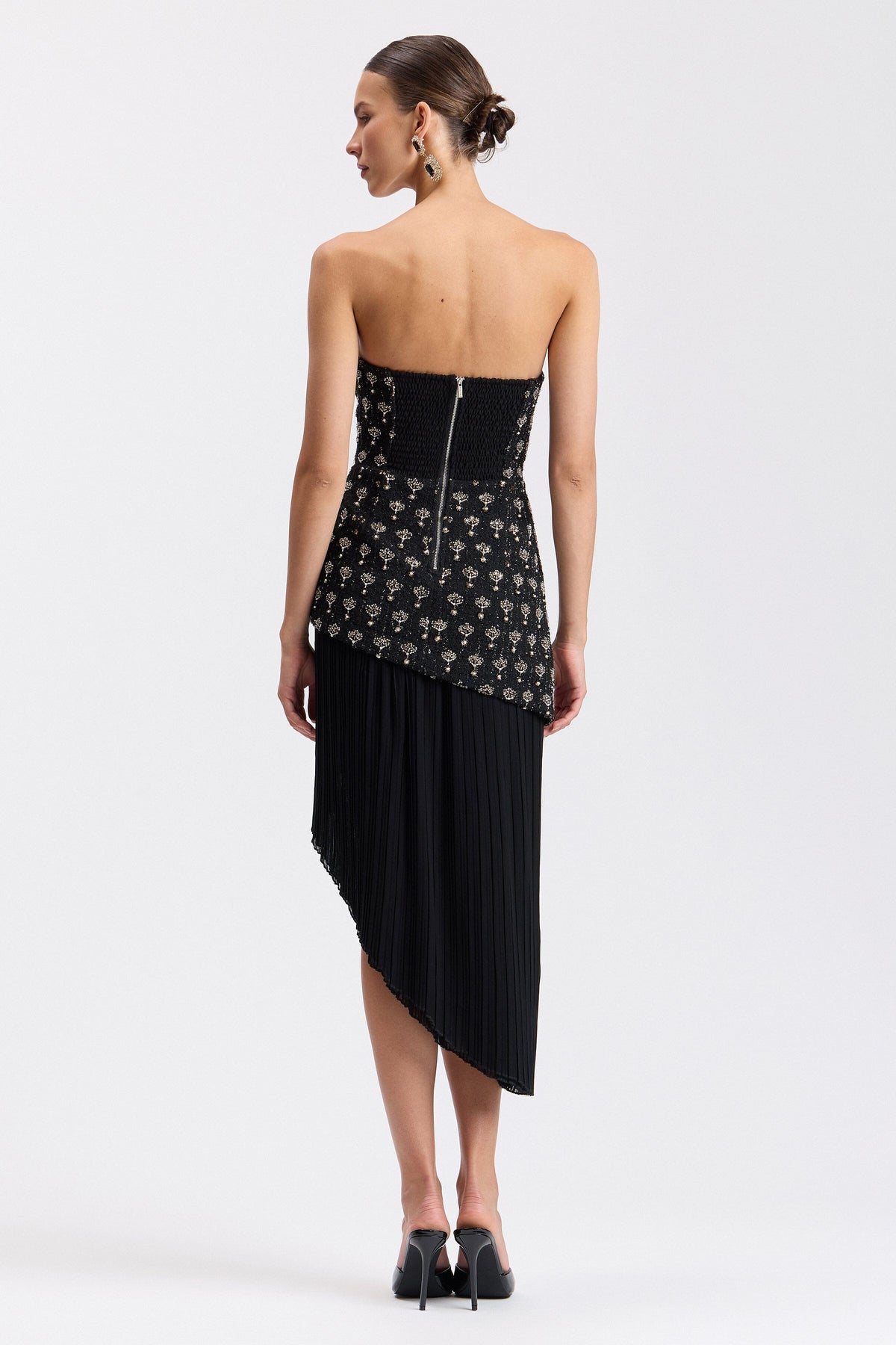 Black strapless asymmetrical pleated midi dress - Shop holiday party dresses by Avec Les Filles.