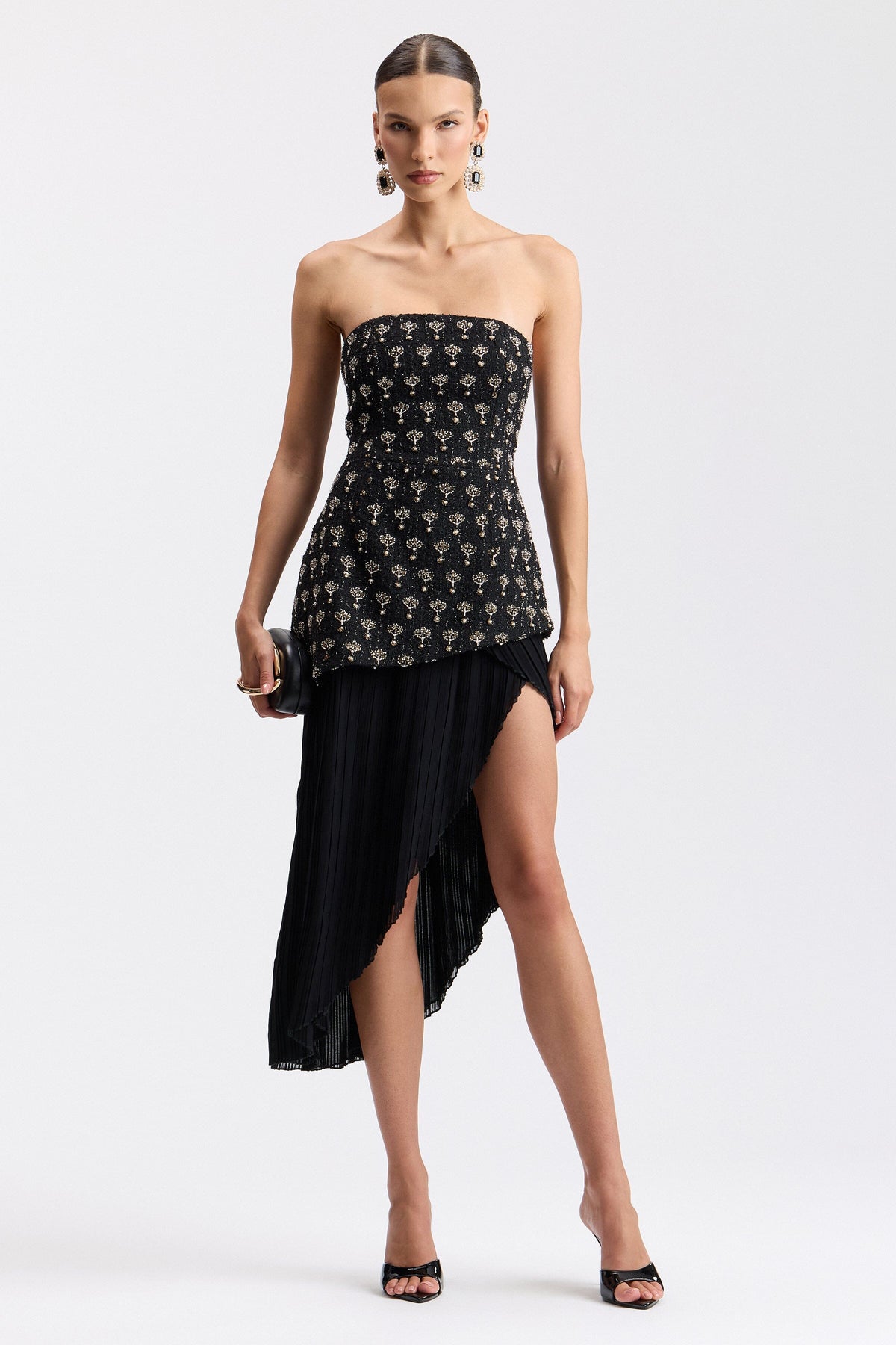 Black asymmetrical midi dress with pleated georgette skirt - Shop cute midi dresses by Avec Les Filles.