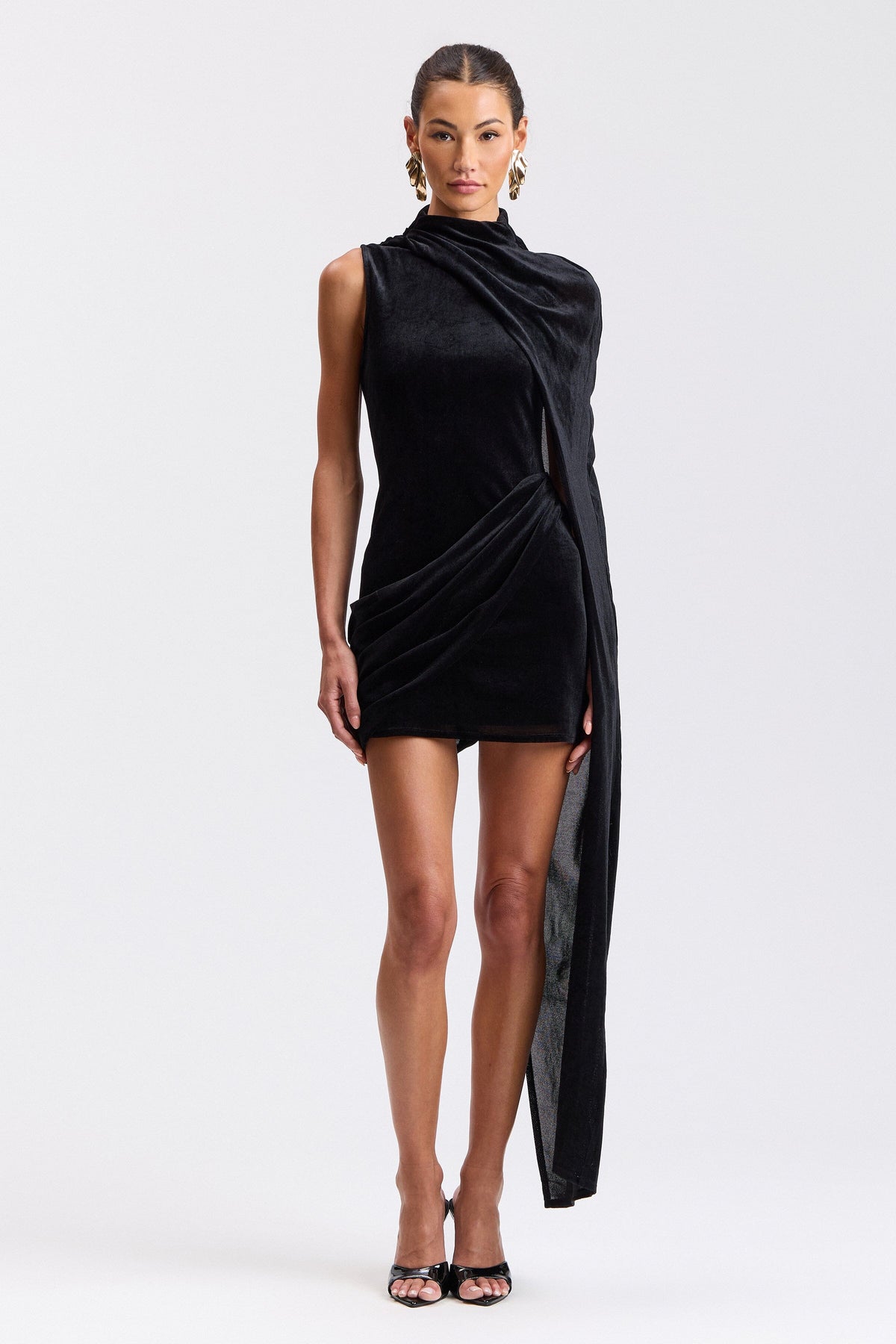 Draped sleeveless black mini dress with a mock-neck collar - Shop women's cute mini dresses by Avec Les Filles.