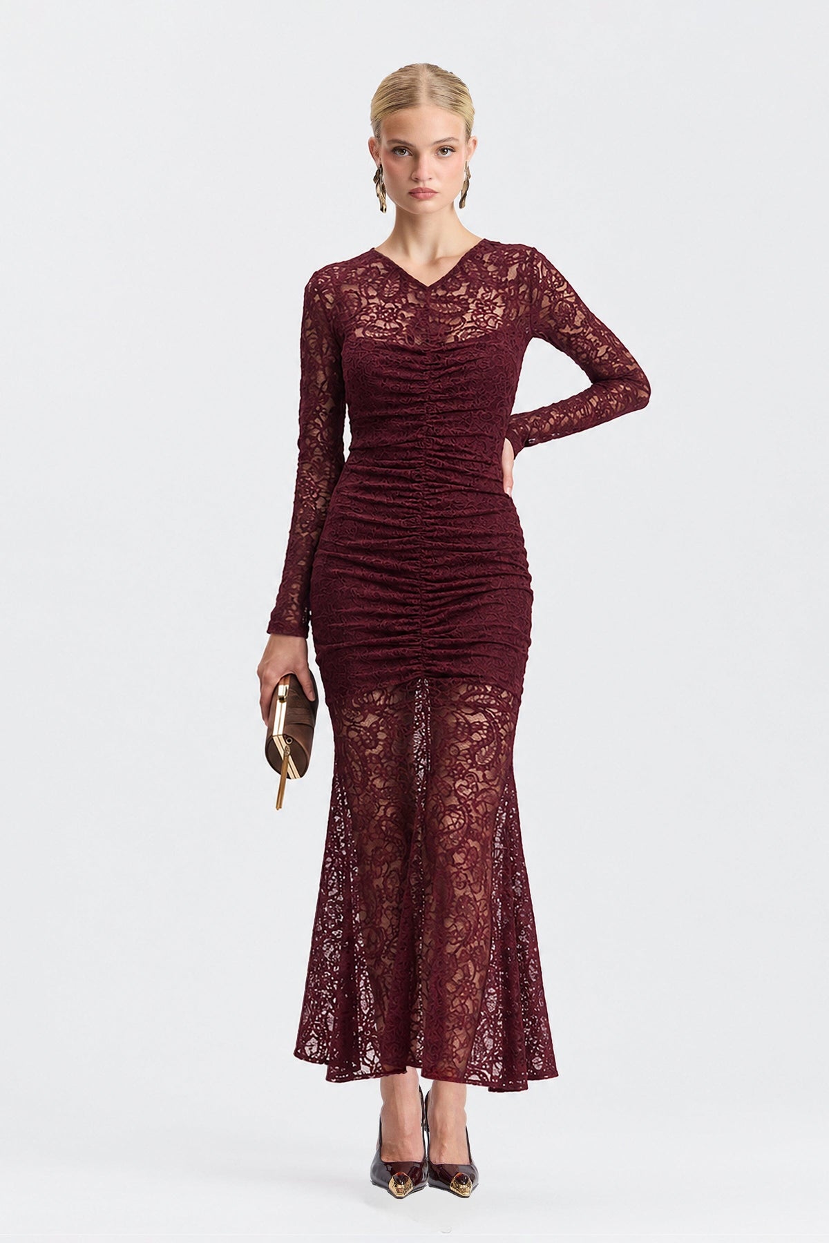 Stretch Lace Ruched V-Neck Mermaid Maxi Dress - Wine Dresses Avec Les Filles