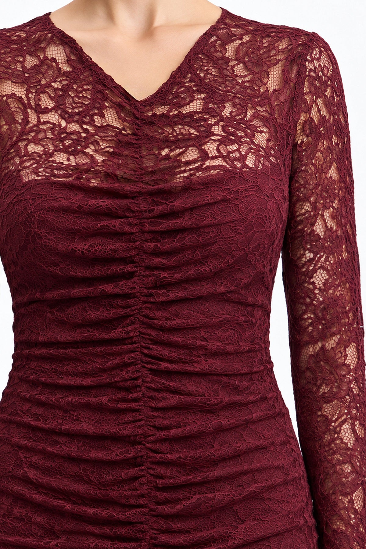 Stretch Lace Ruched V-Neck Mermaid Maxi Dress - Wine Dresses Avec Les Filles