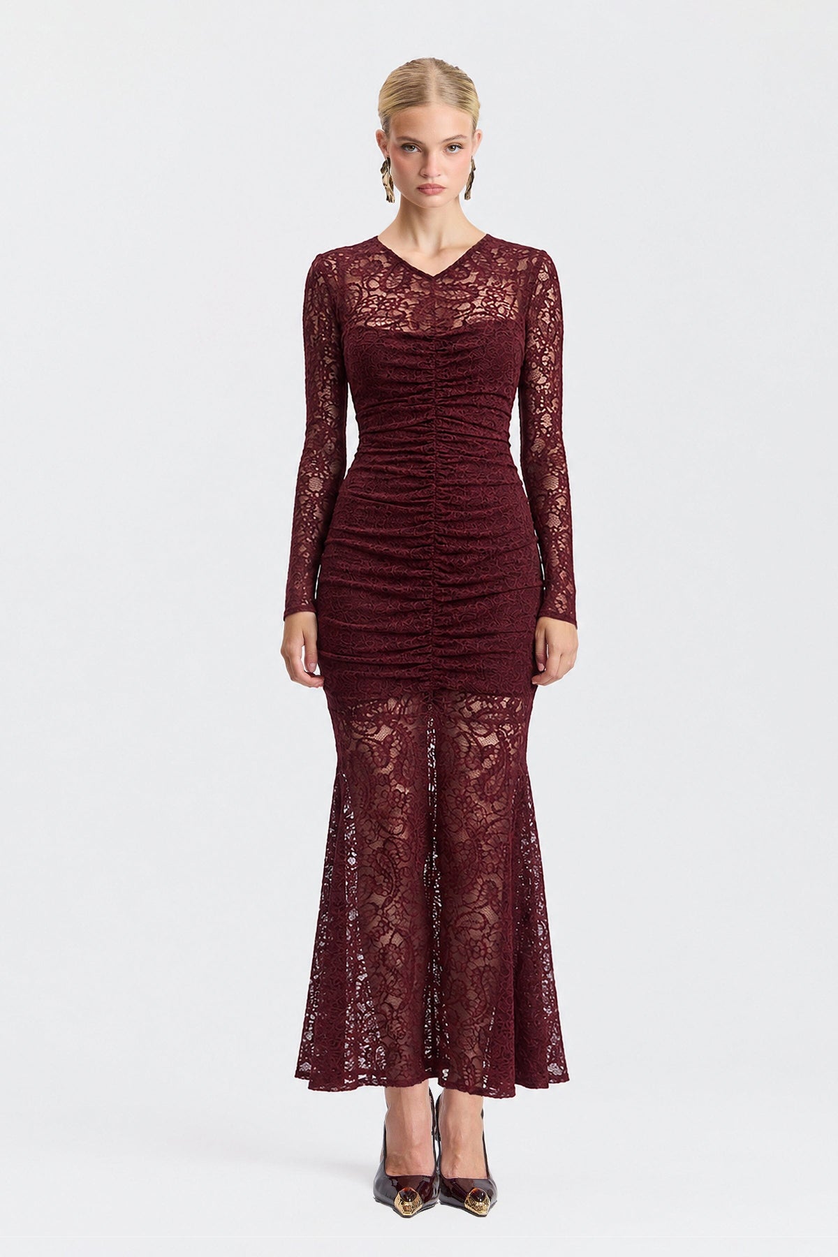Stretch Lace Ruched V-Neck Mermaid Maxi Dress - Wine Dresses Avec Les Filles Wine 0