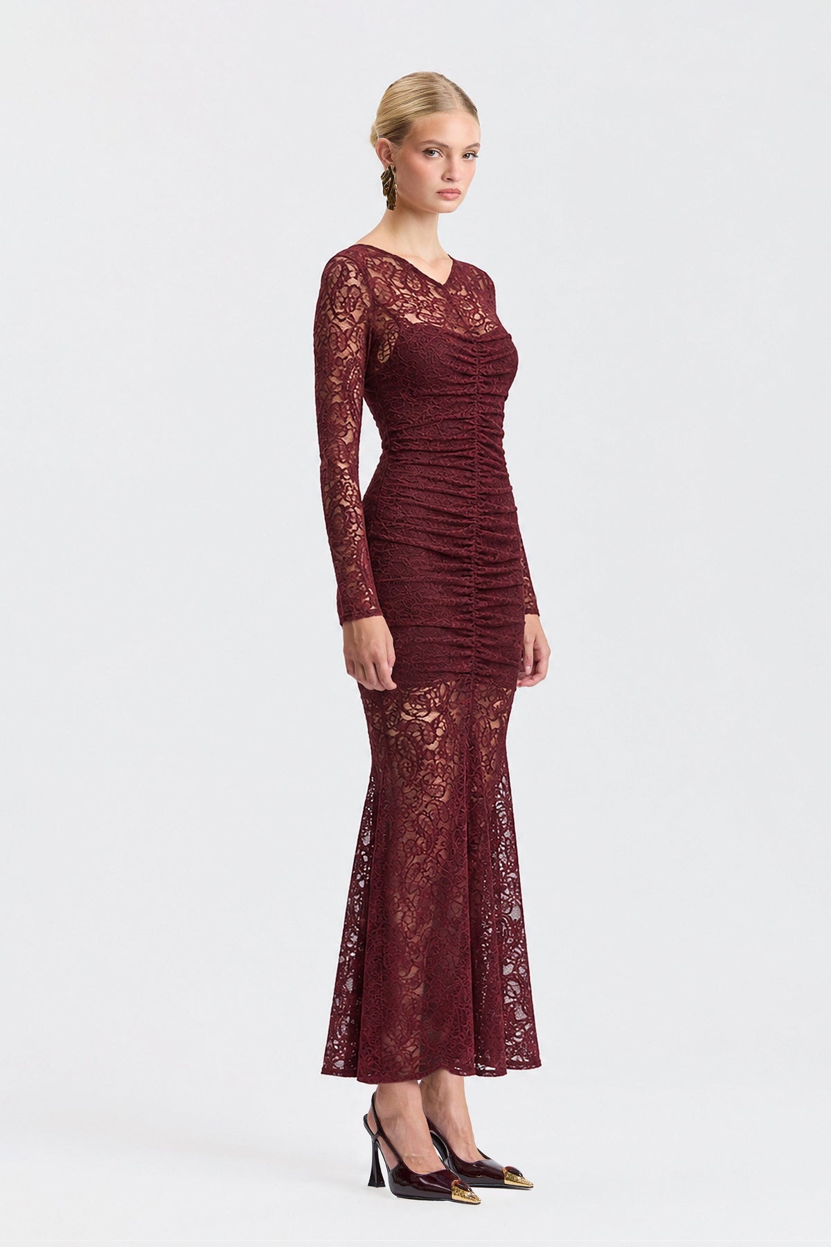 Stretch Lace Ruched V-Neck Mermaid Maxi Dress - Wine Dresses Avec Les Filles
