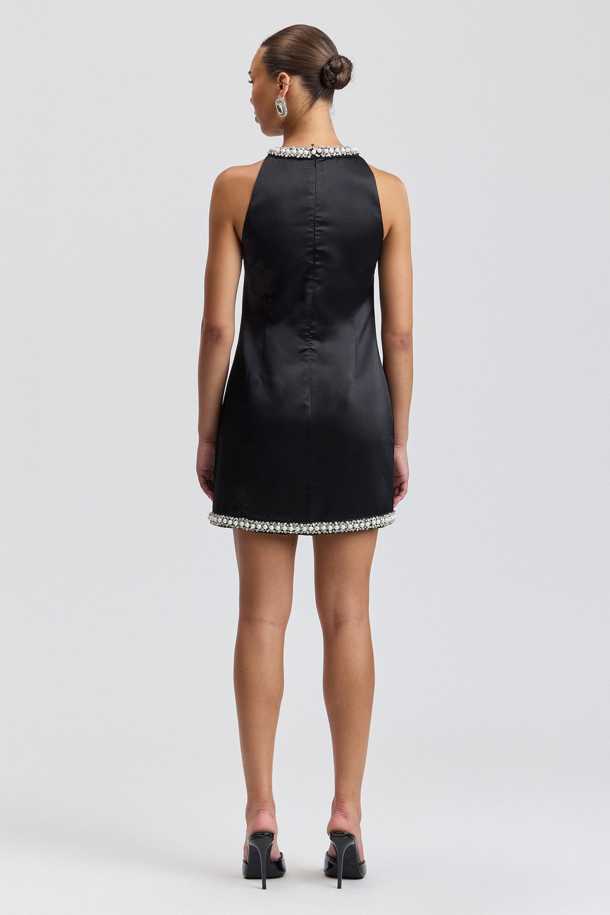 Satin black beaded mini dress with a centre-back zipper - Shop women's mini dresses by Avec Les Filles.
