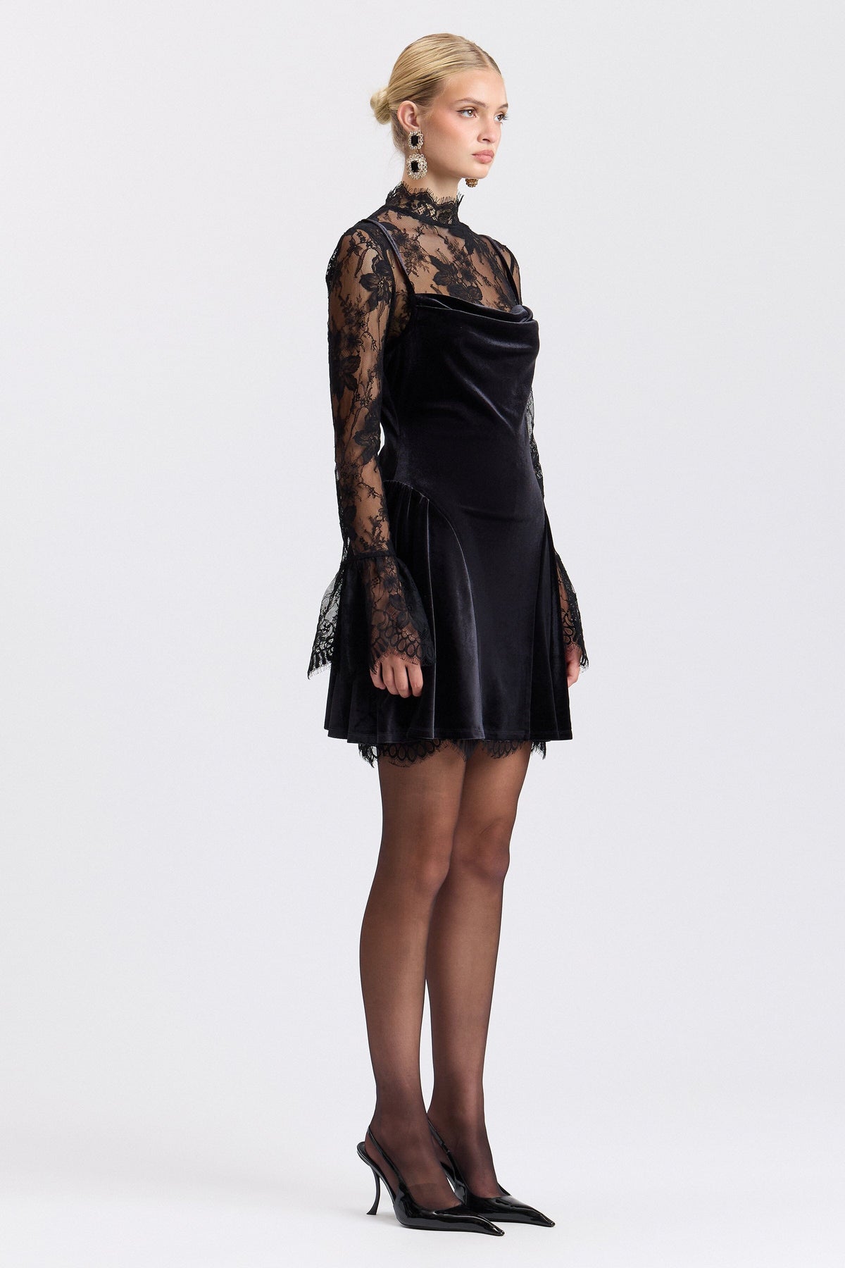 Black velvet long sleeve mini dress with a high mock neck - Shop women's cute mini dresses by Avec Les Filles.