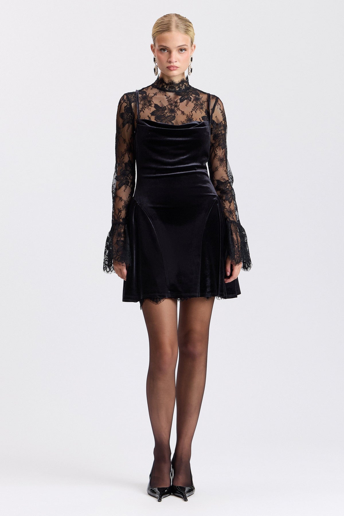 Lace fit-and-flare black velvet mini dress with long flared sleeves - Shop cute mini dresses by Avec Les Filles.