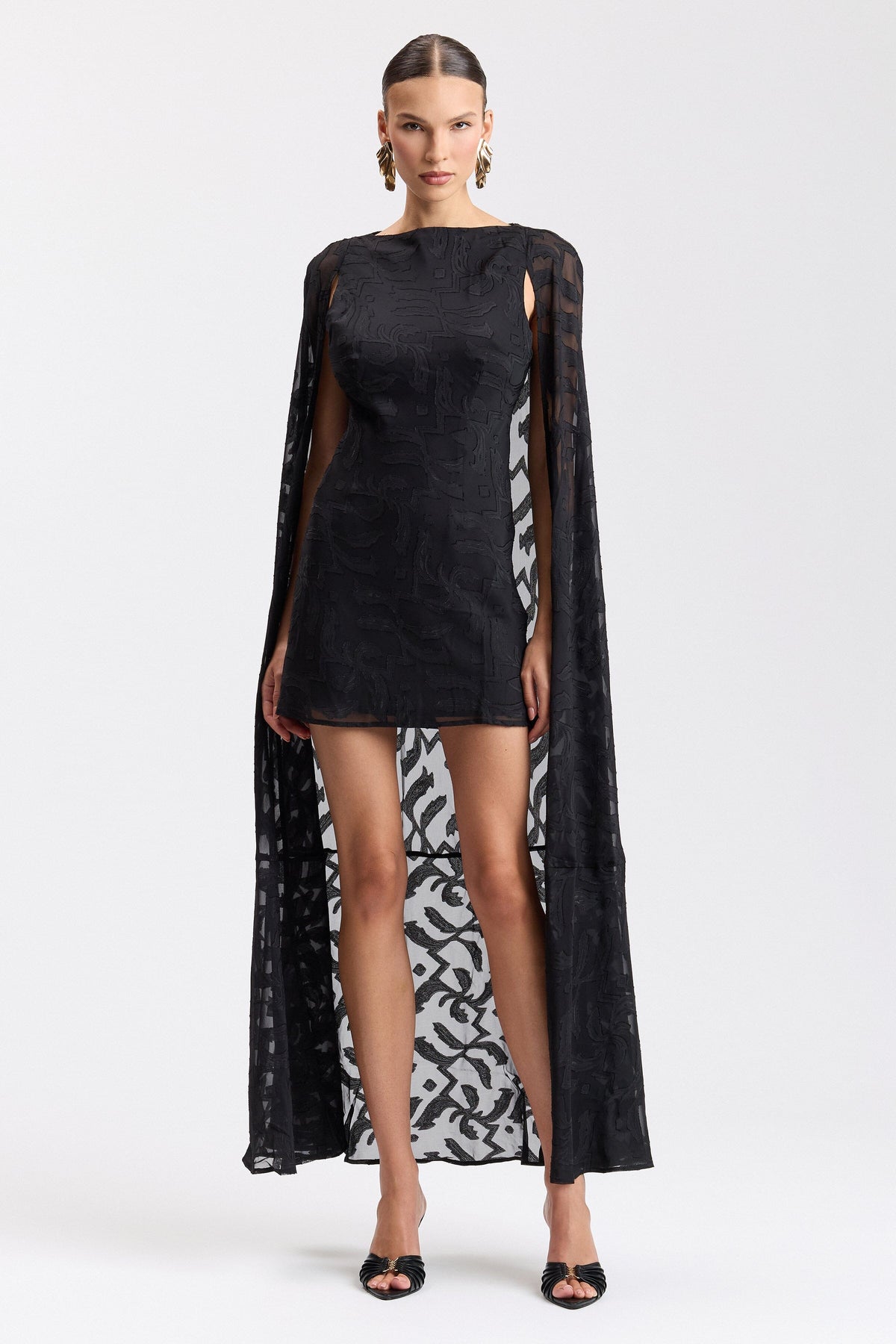 Chiffon jacquard mini dress with cape and round neck - Shop women's cute mini cape dresses by Avec Les Filles.