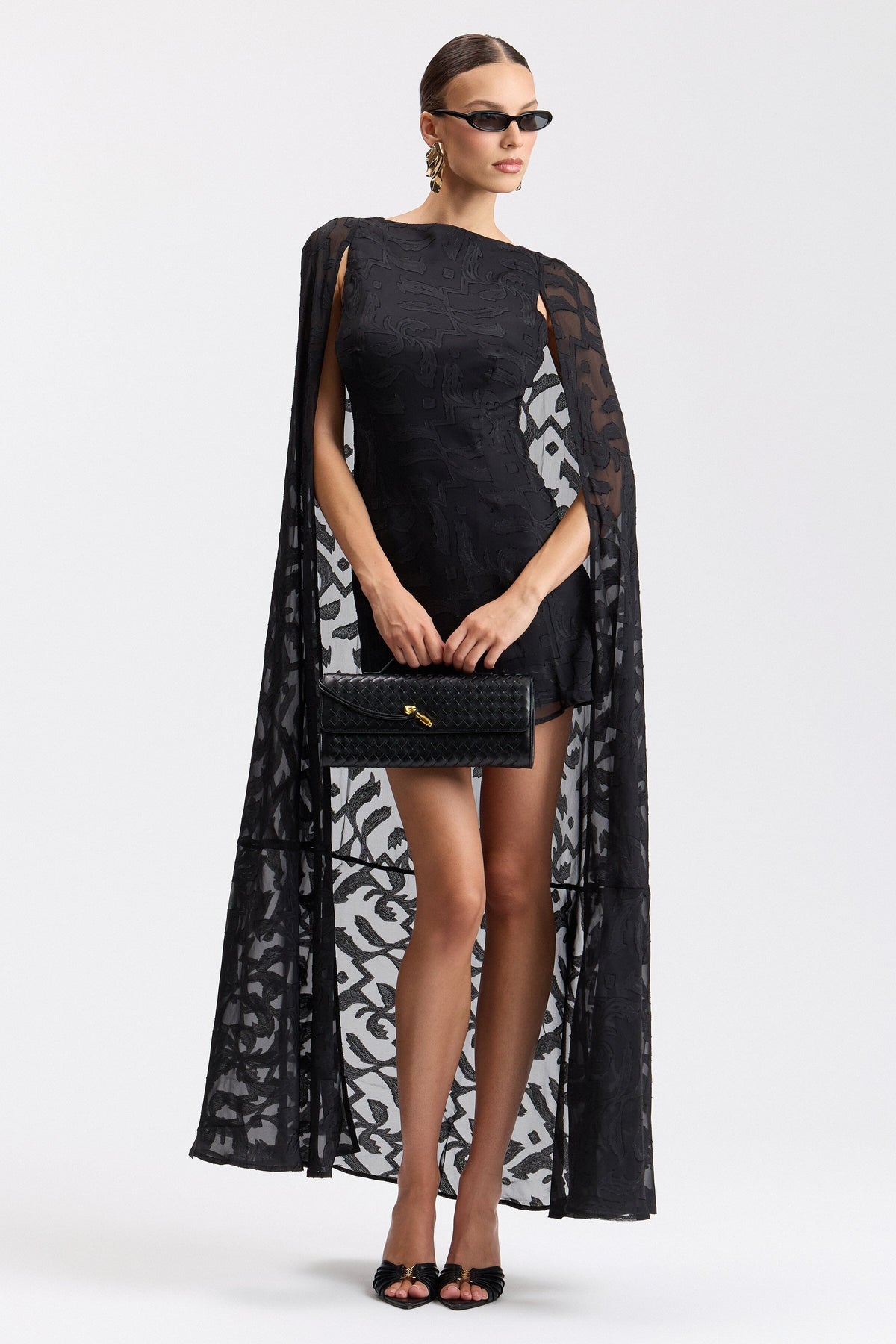 Chiffon jacquard mini dress with cape and round neck - Shop women's cute mini cape dresses by Avec Les Filles.