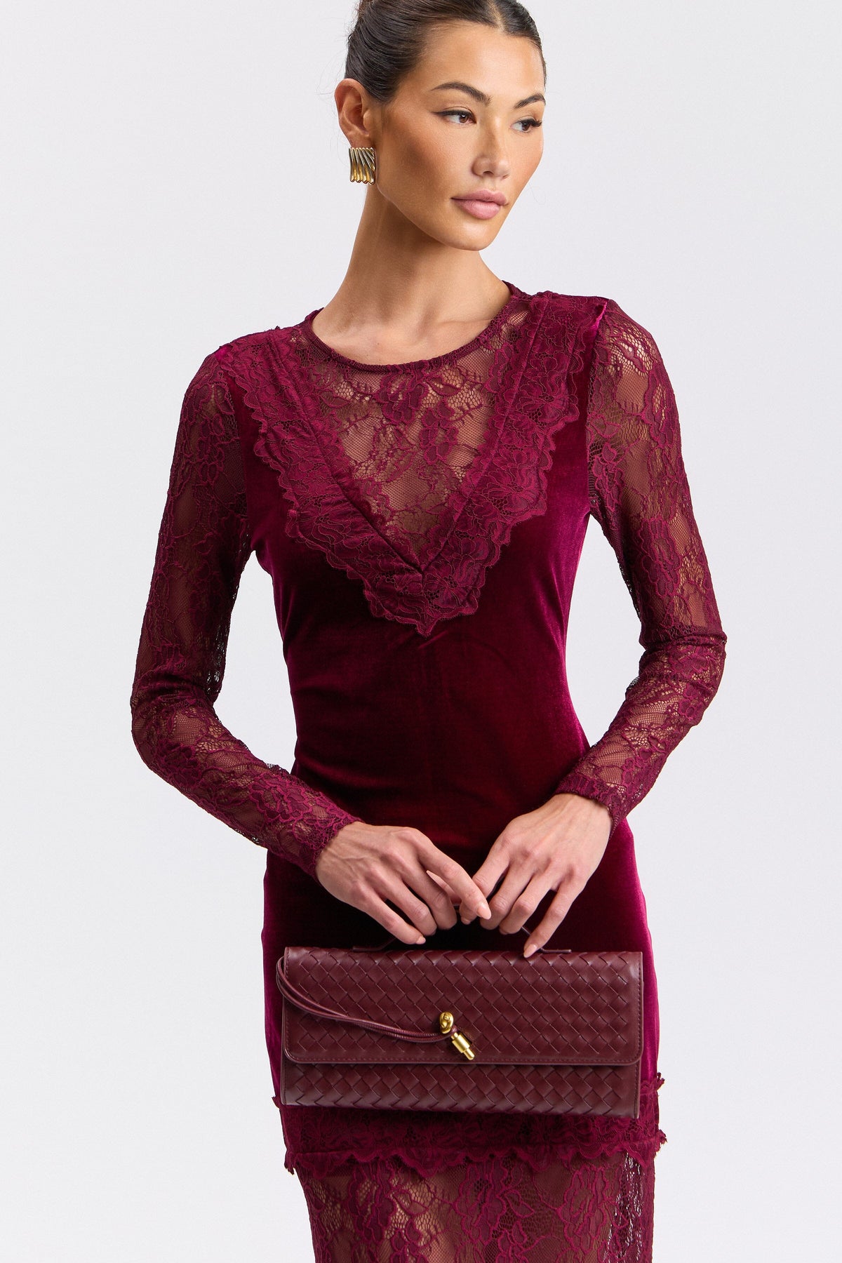 Lace long-sleeve burgundy midi dress velvet red with V-neck - Shop women's cute midi dresses by Avec Les Filles.