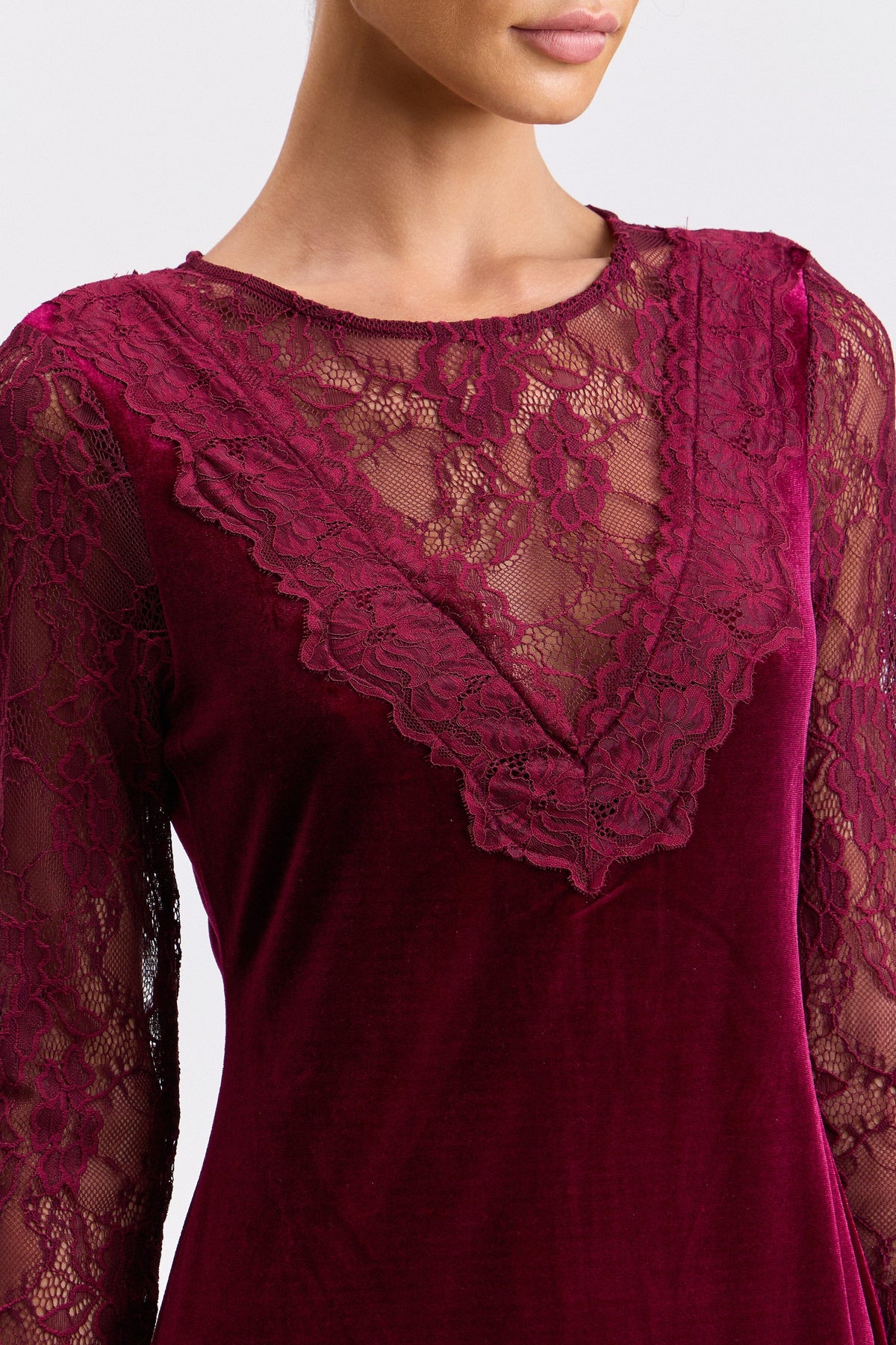 Lace burgundy midi red dress with velvet and V-neck - Shop women's cute midi dresses by Avec Les Filles.