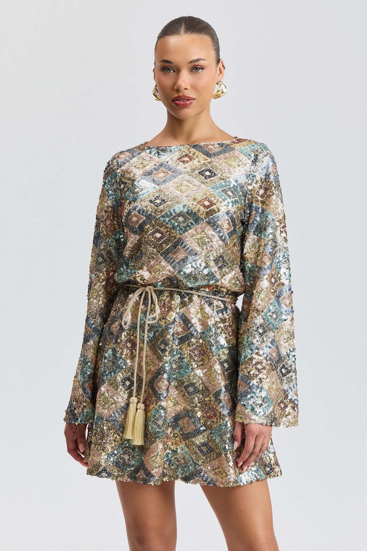 Blue mini sequin dress with blouson sleeves and boat neck - Shop women's sequin mini dresses by Avec Les Filles.