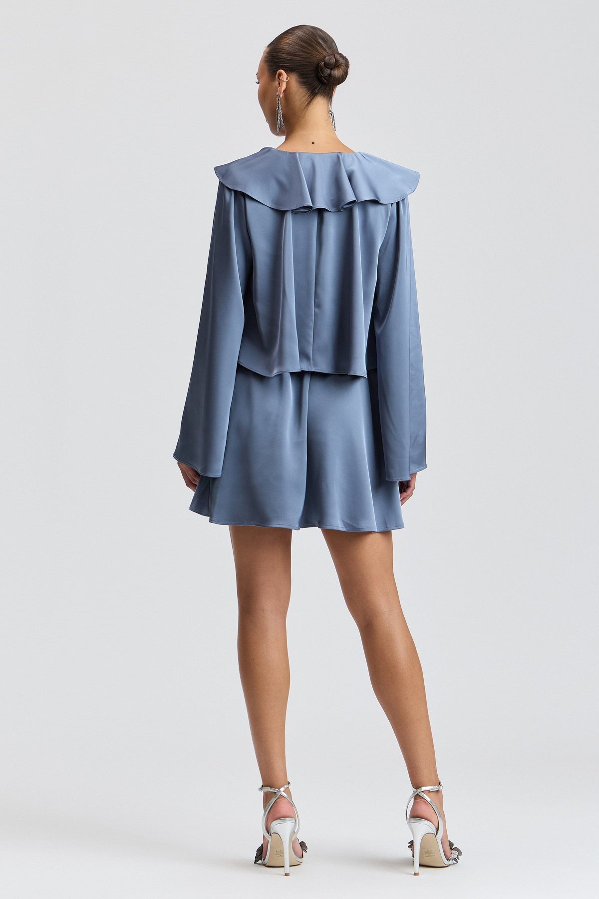 Satin ruffle blue long sleeve mini dress with an elastic waist - Shop women's cute mini dresses by Avec Les Filles.