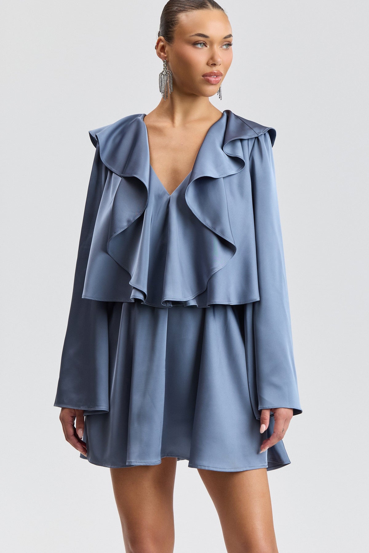 Satin ruffle V-neck ruffled mini dress with bell sleeves - Shop women's cute long sleeve mini dresses by Avec Les Filles.