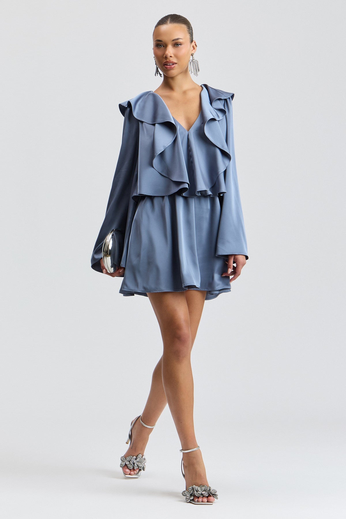 Satin ruffle V-neck blue mini long sleeve dress with an elastic waist - Shop long sleeve mini dresses by Avec Les Filles.
