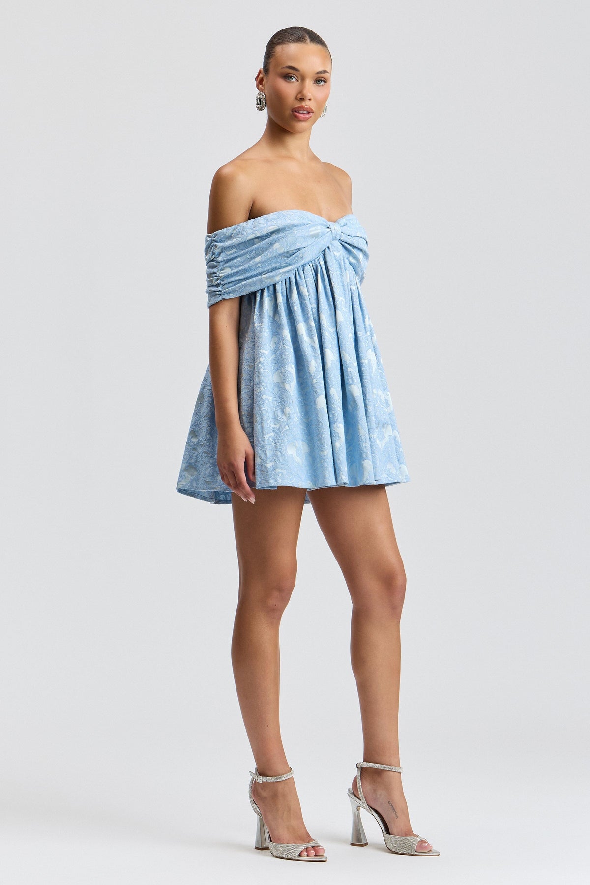 Off-shoulder knot front mini blue romper with an empire waist - Shop designer women's rompers by Avec Les Filles.