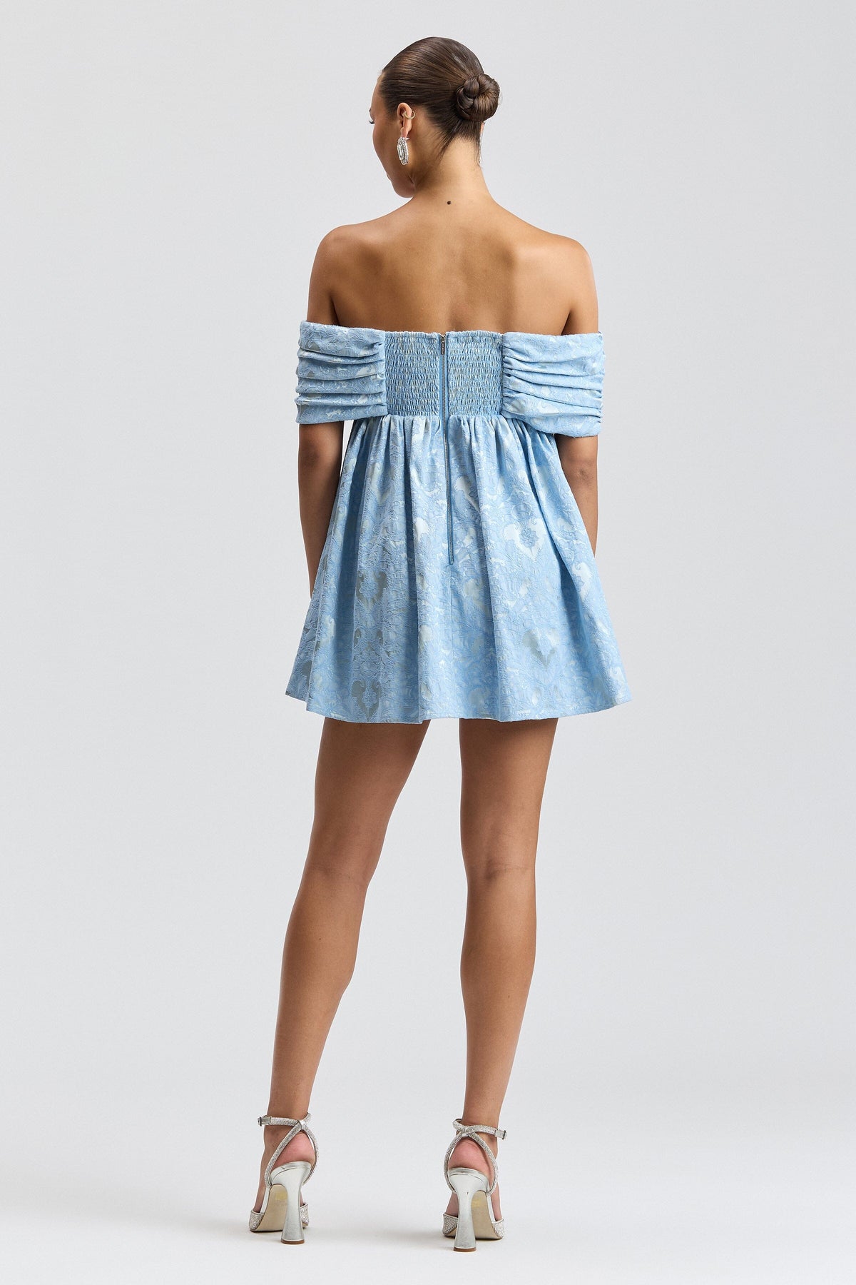 Jacquard blue off the shoulder romper with an empire waist - Shop designer women's rompers by Avec Les Filles.