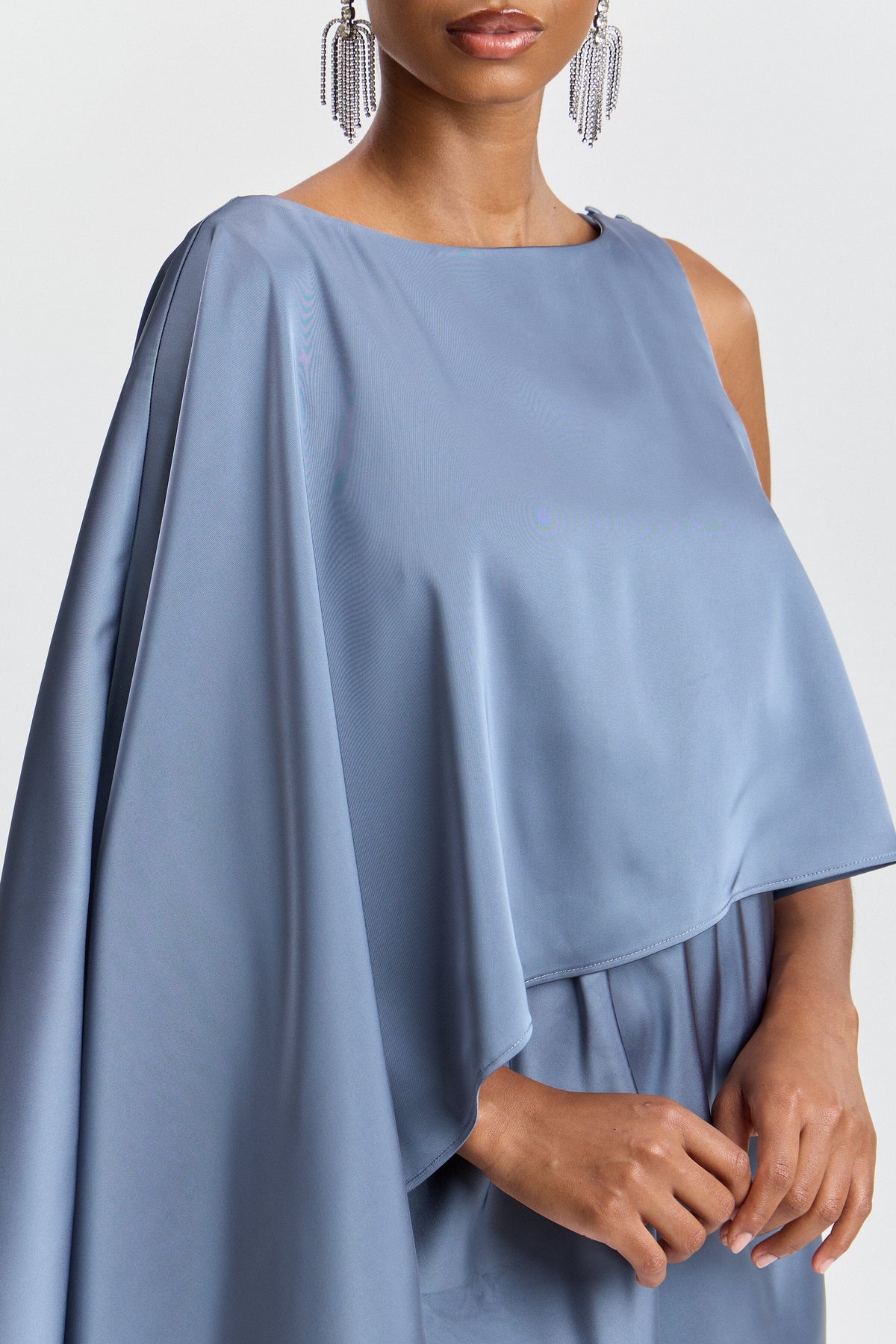 Satin cape-sleeve blue asymmetrical dress with a boat neck - Shop women's cute blue mini dresses by Avec Les Filles.