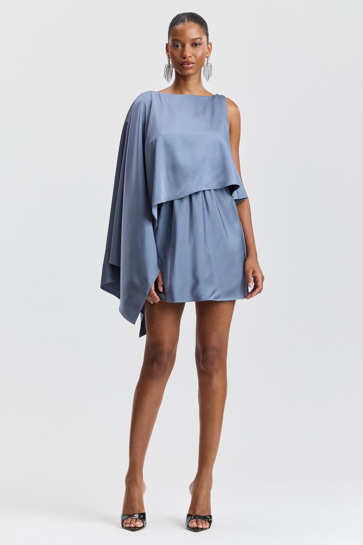 Satin asymmetrical cape-sleeve blue mini dress with a boat neck - Shop women's cute blue mini dresses by Avec Les Filles.