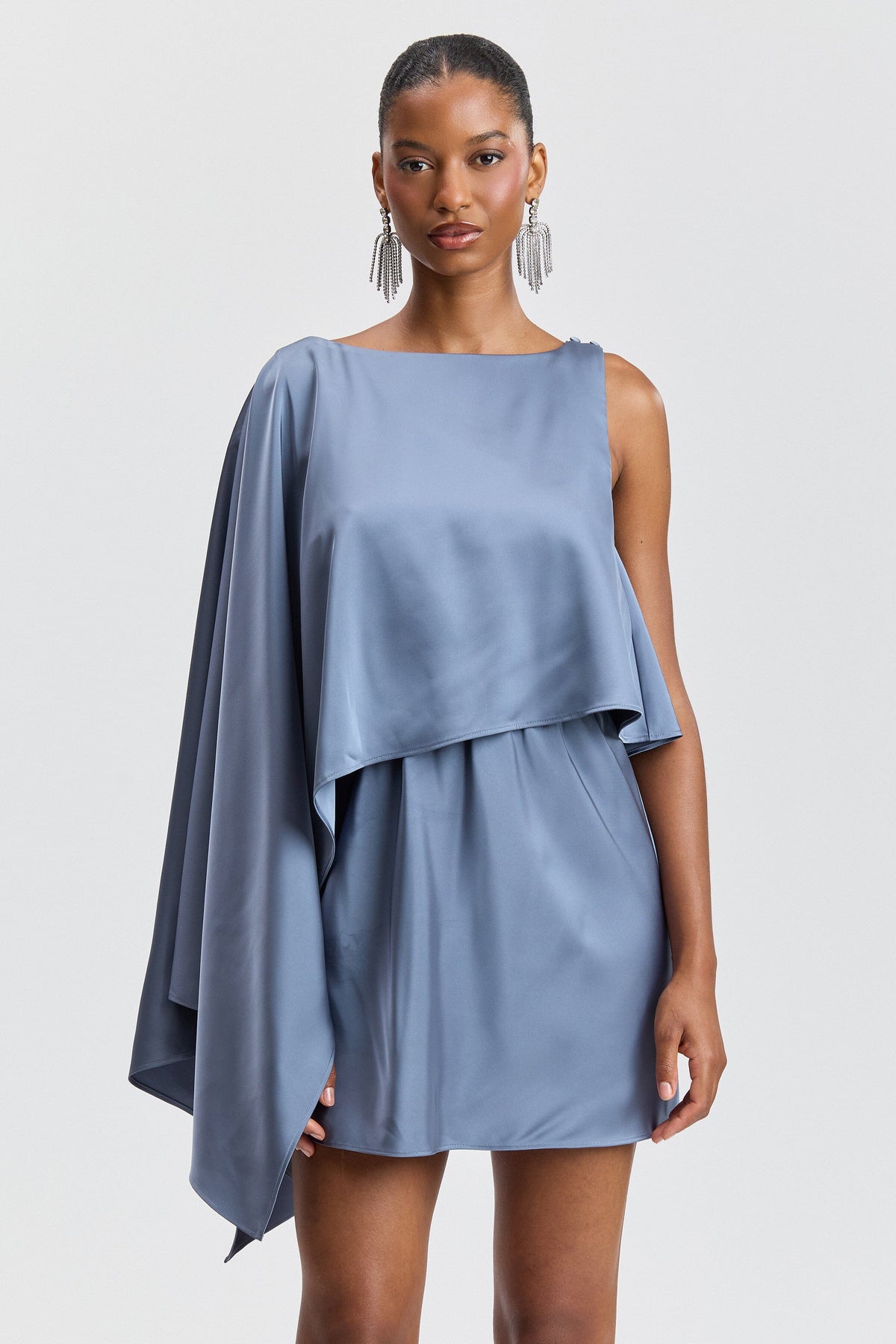 Asymmetrical cape-sleeve blue satin dress mini with a boat neck - Shop designer mini dresses by Avec Les Filles.