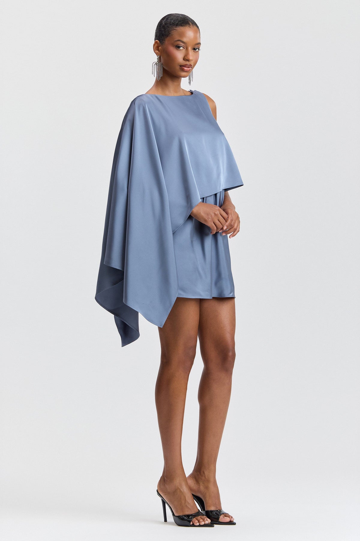 Satin asymmetrical mini slate blue dress with a boat neck - Shop women's cute blue mini dresses by Avec Les Filles.