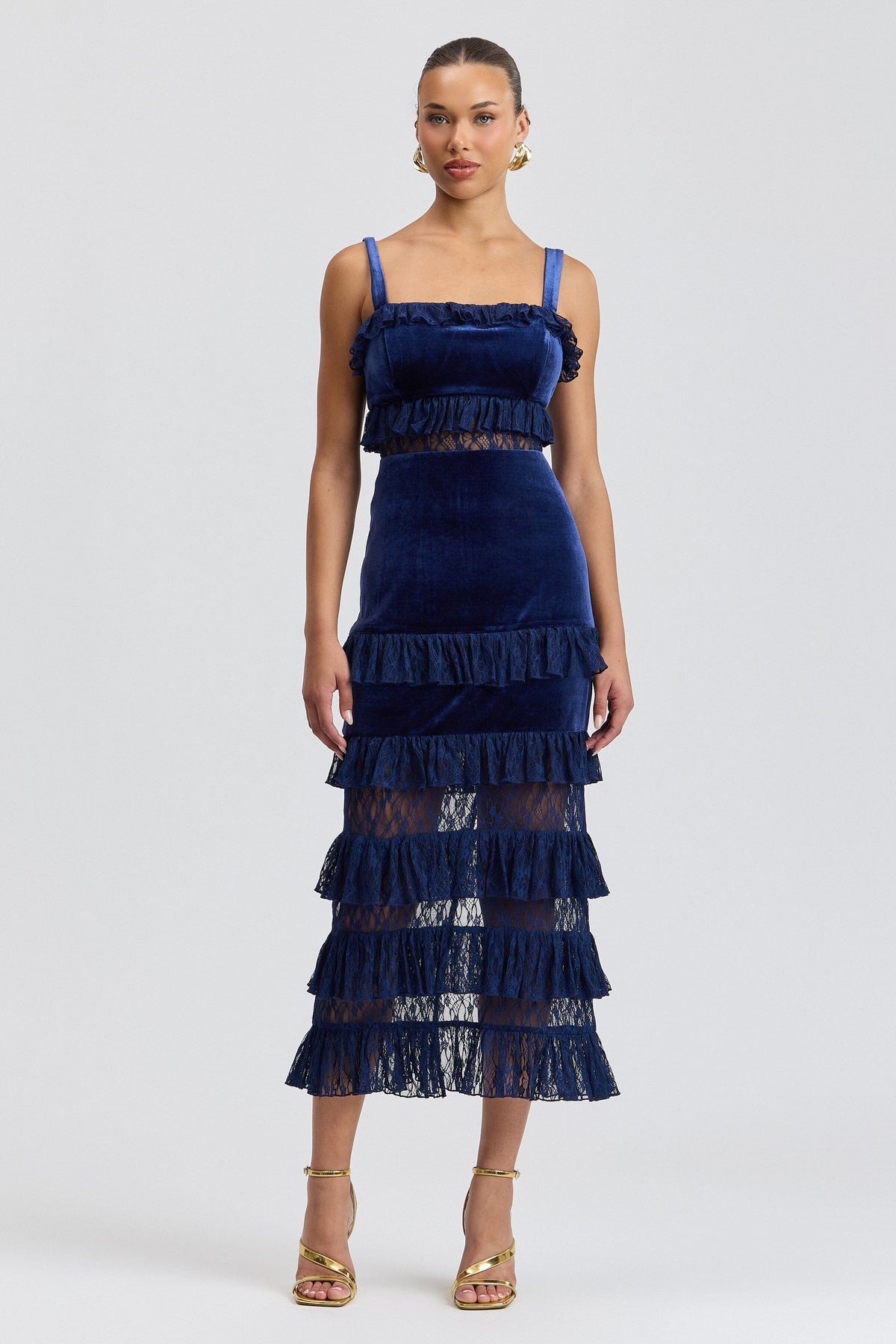 Sheer mesh deep navy ruffle maxi dress with square neck and wide straps. Shop women's maxi dresses by Avec Les Filles.