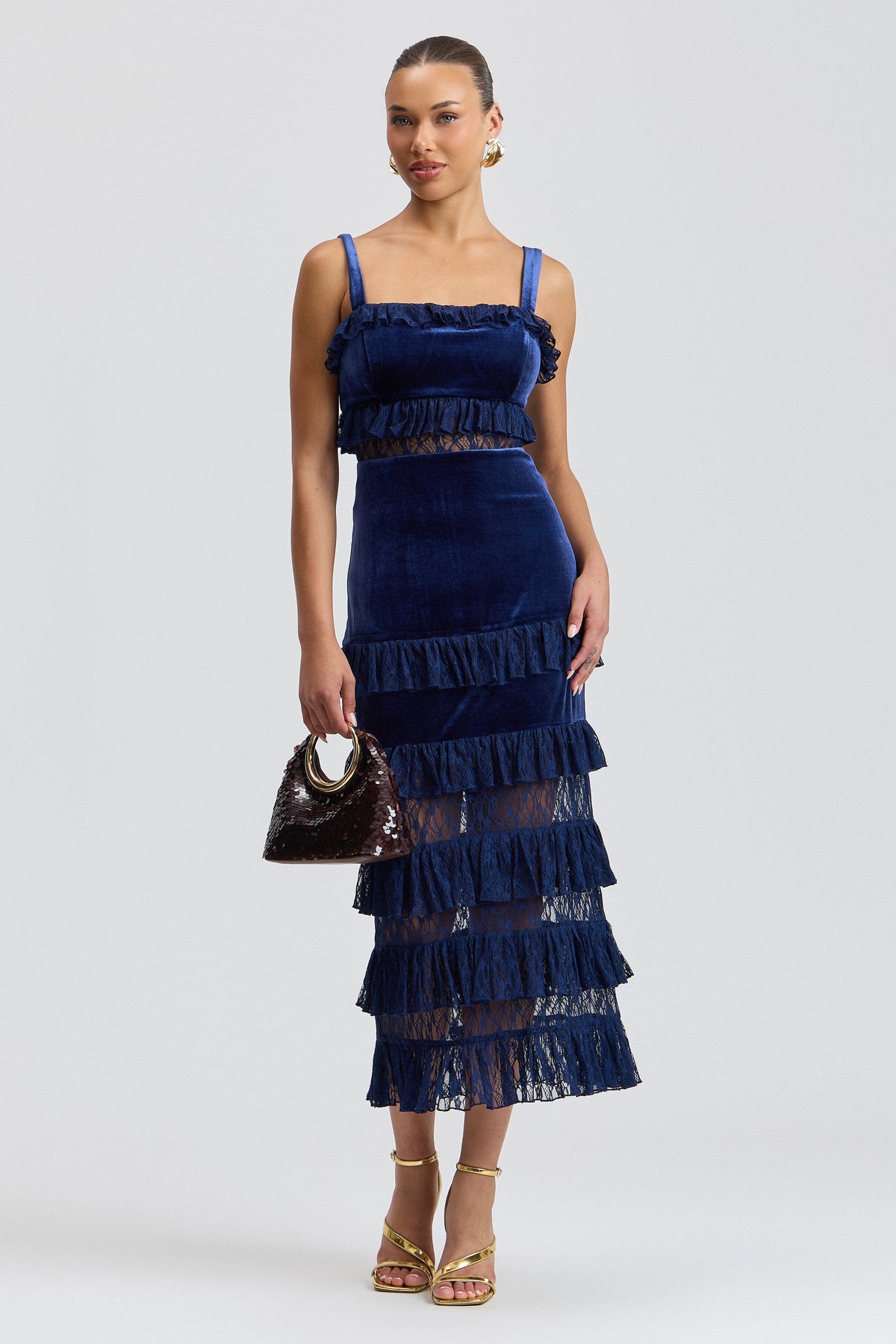 Sheer mesh blue velvet dress with a square neck and wide straps. Shop designer maxi dresses by Avec Les Filles.