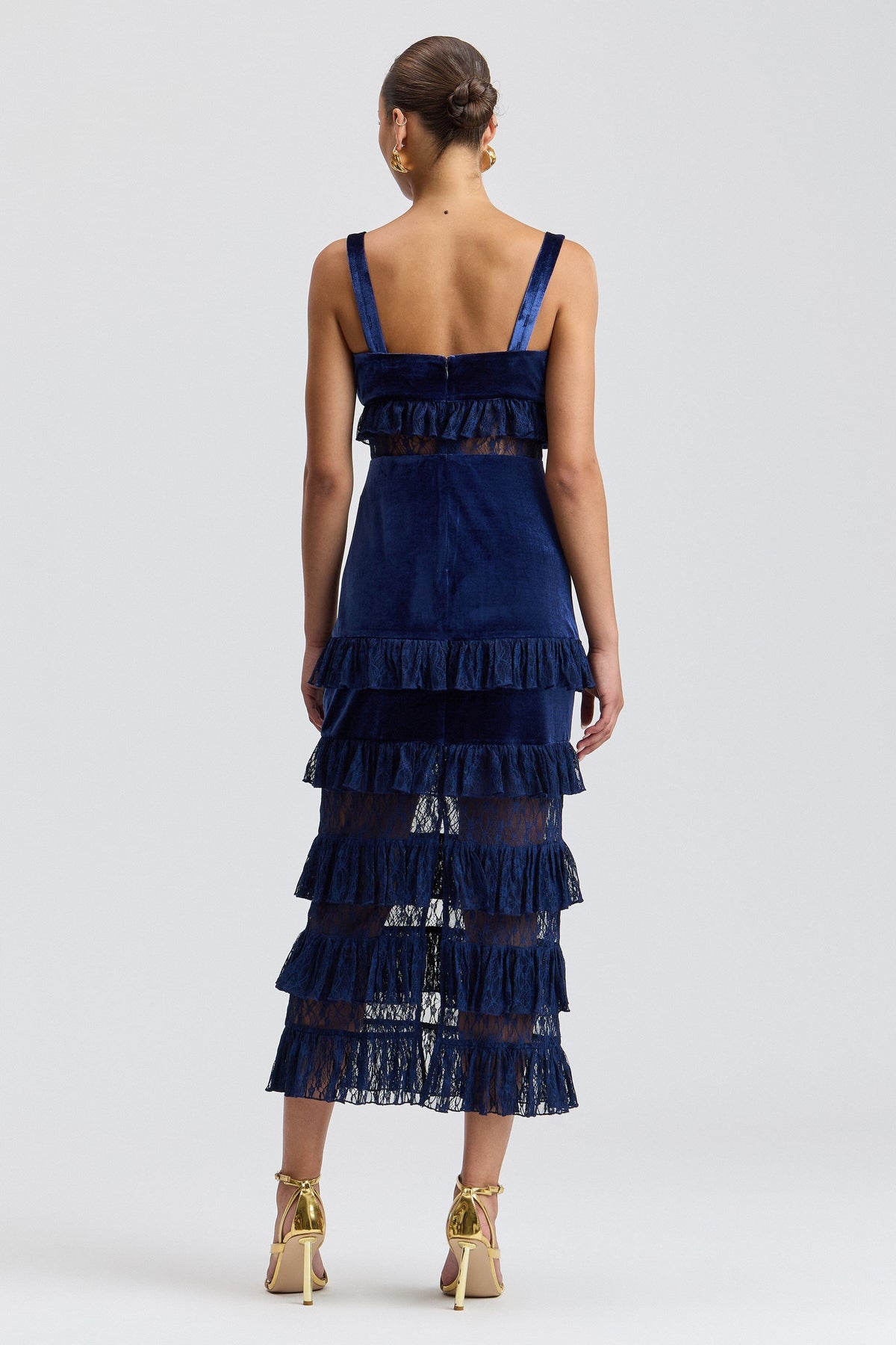 Sheer mesh navy blue velvet dress with a square neck and wide straps. Shop women's maxi dresses by Avec Les Filles.