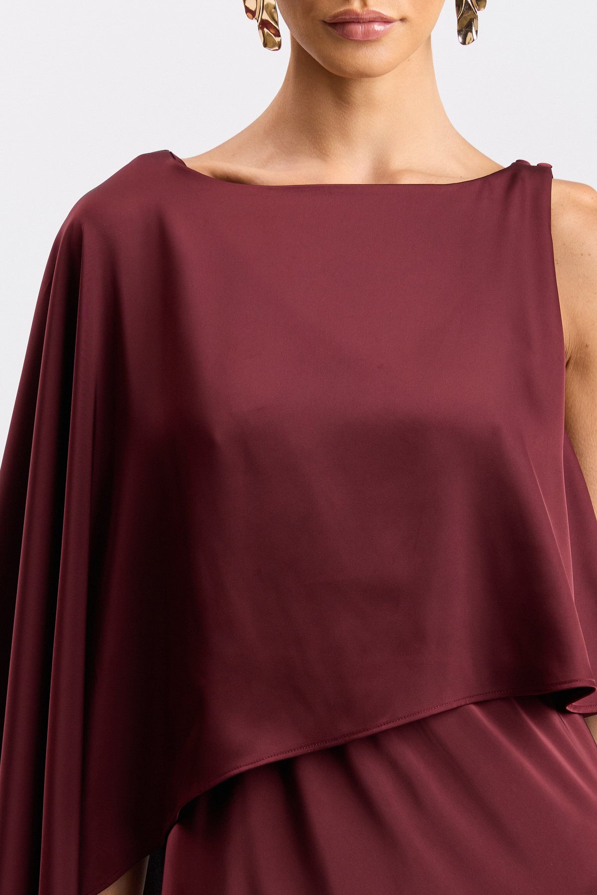 Asymmetrical cape-sleeve red satin dress with boat neck - Shop women's cute maxi dresses by Avec Les Filles.