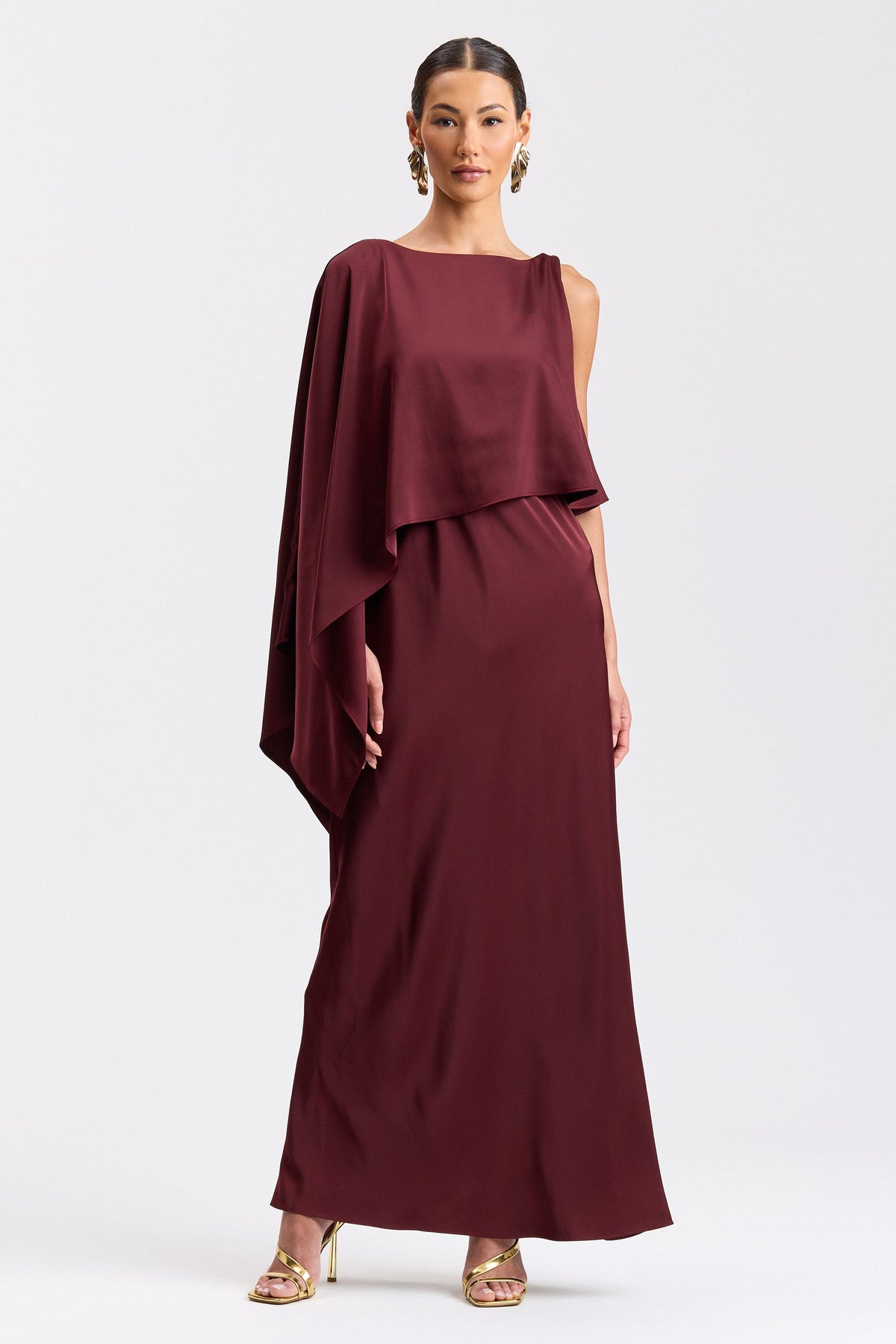 Asymmetrical cape-sleeve maxi red satin dress - Shop designer women's cute maxi dresses by Avec Les Filles.