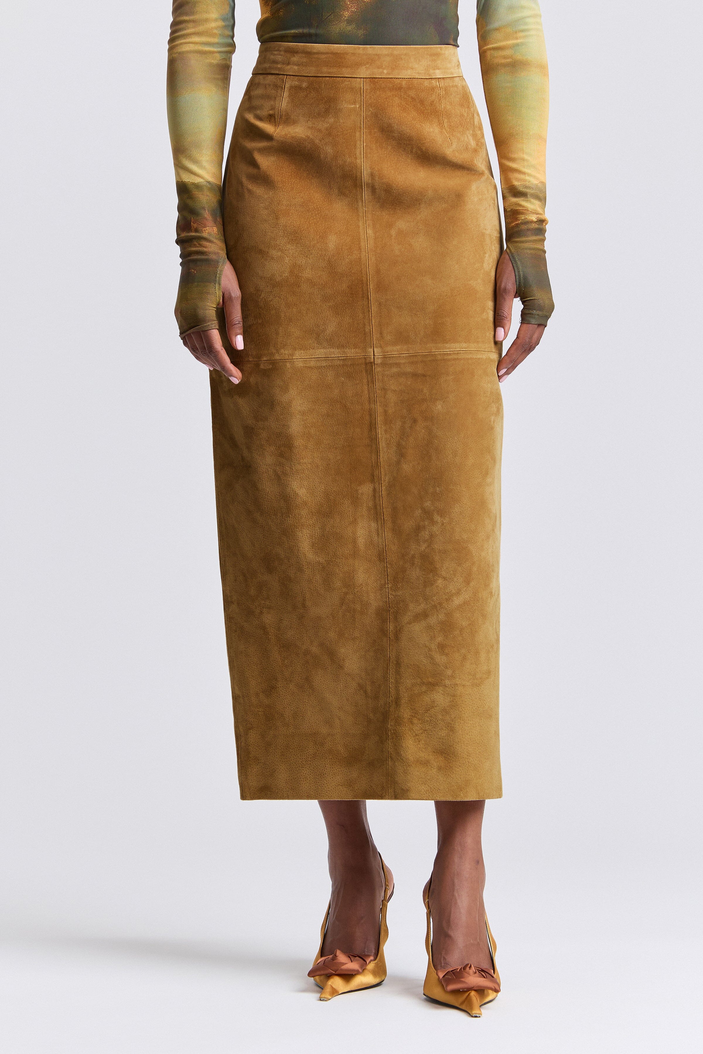 Brown suede skirt with a high waist and a back slit - Shop women's long maxi pencil skirts by Avec Les Filles.