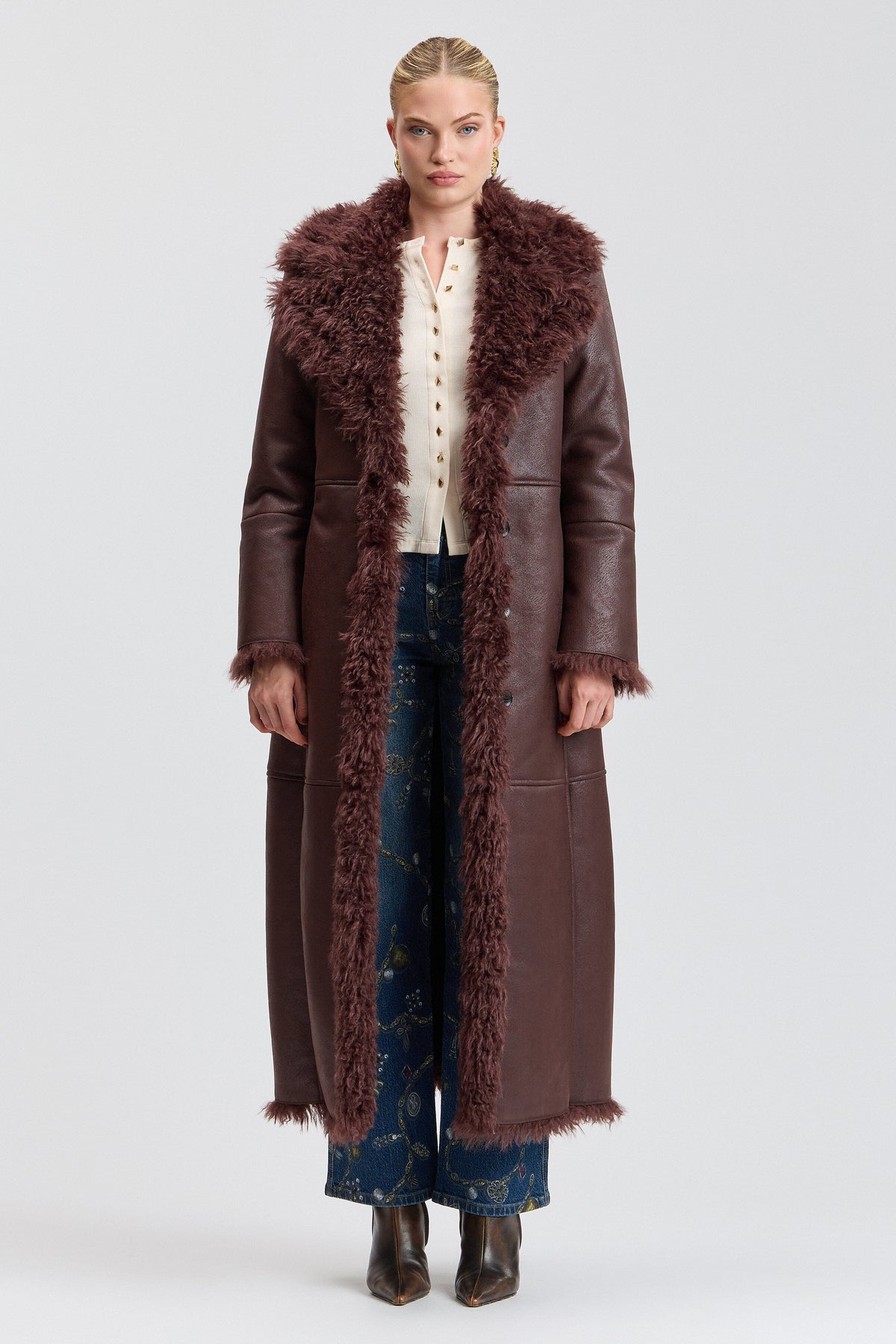 Brown belted faux shearling coat with an oversized collar - Shop women's cute long brown coats by Avec Les Filles.