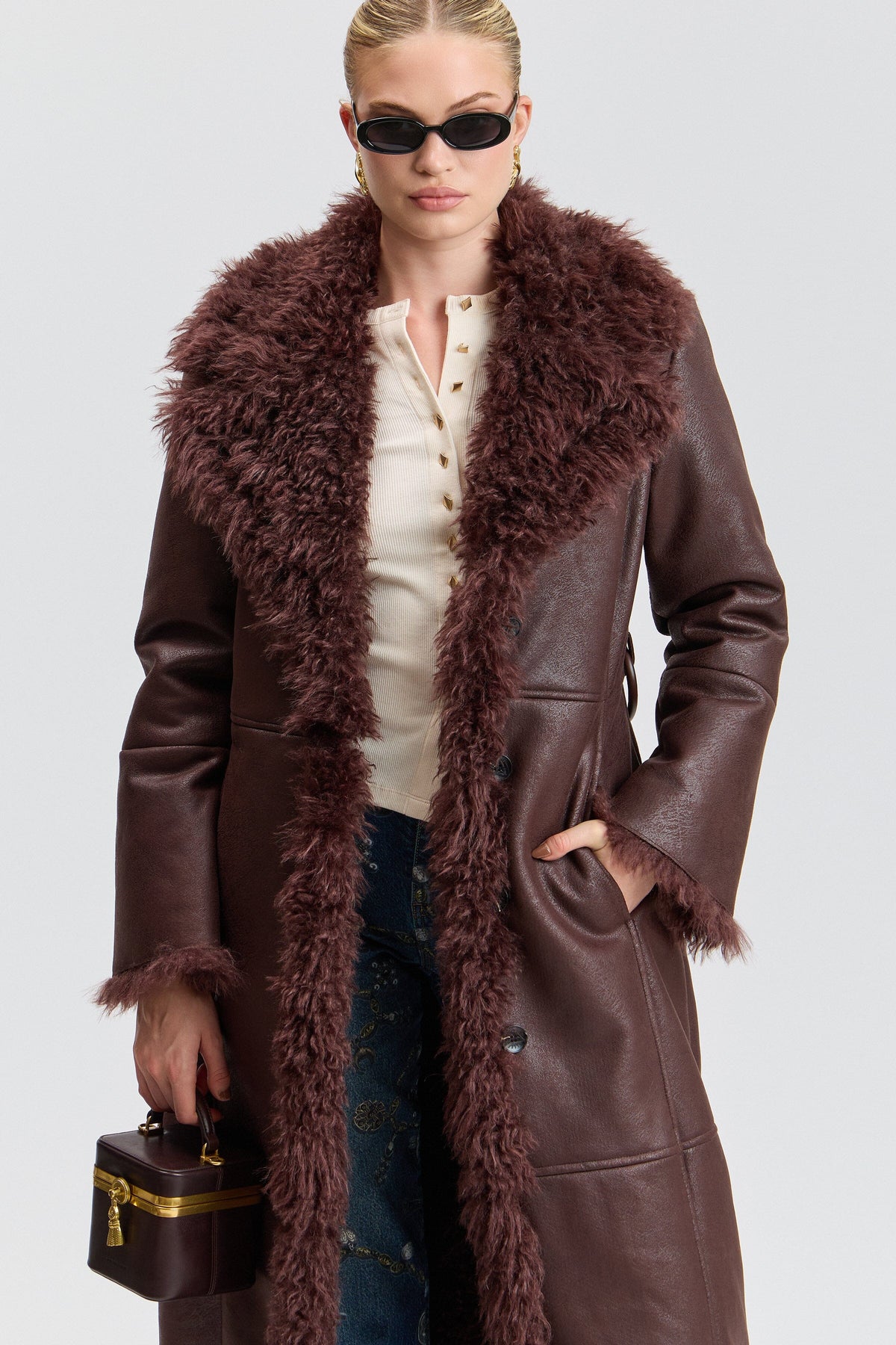 Brown belted faux shearling jacket with an oversized collar - Shop women's cute long brown coats by Avec Les Filles.