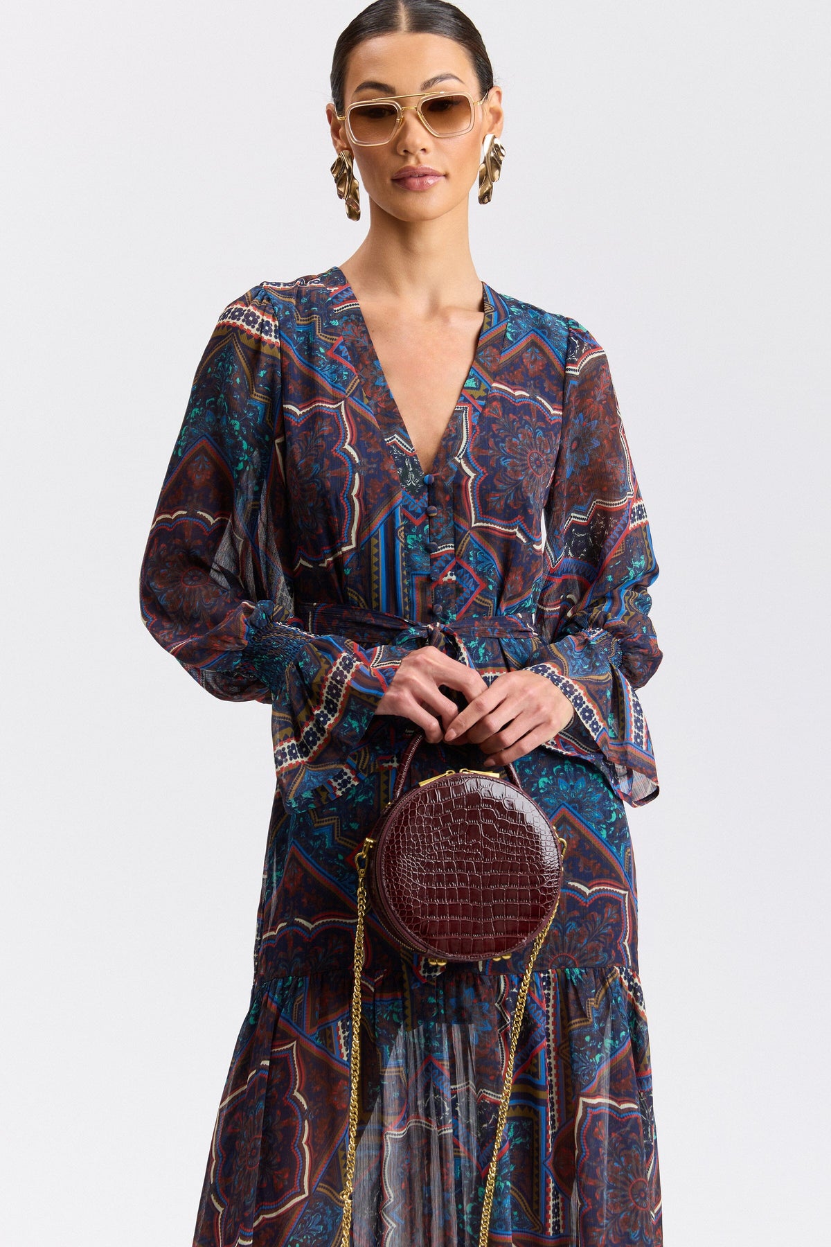 Printed Crinkle Chiffon Lace-Up Deep-V Maxi Dress Dresses Avec Les Filles