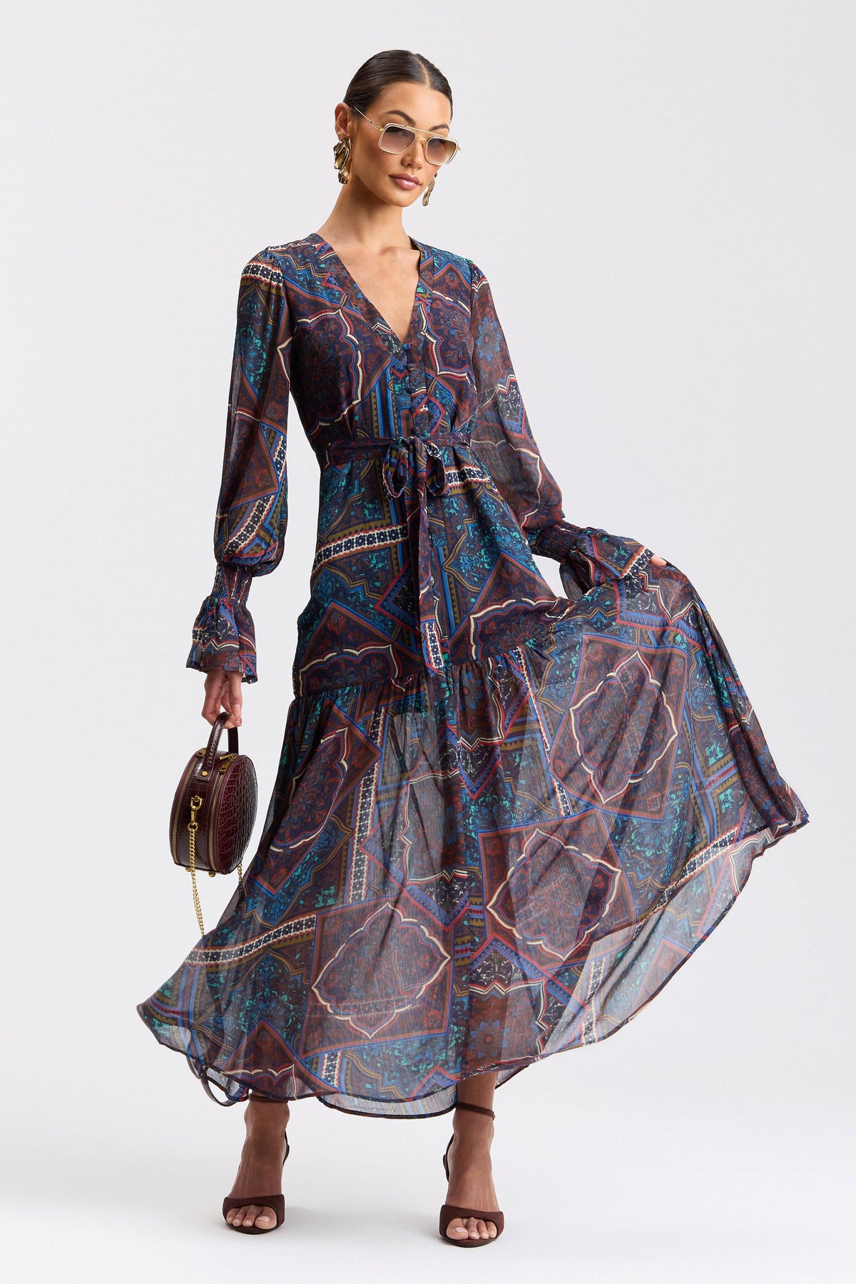 Printed Crinkle Chiffon Lace-Up Deep-V Maxi Dress Dresses Avec Les Filles