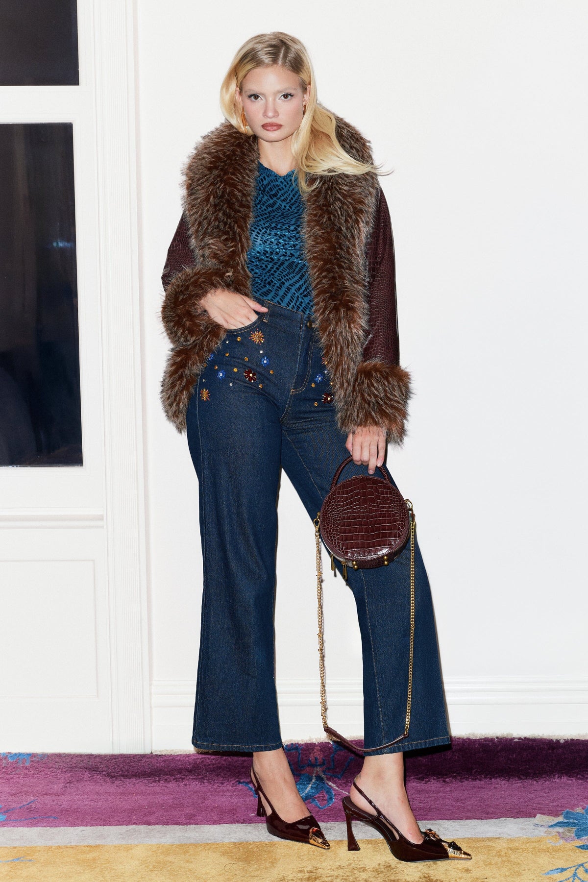 Stretch denim wide-leg jeans rhinestone in cotton blend - Shop cute rhinestone jeans by Avec Les Filles.