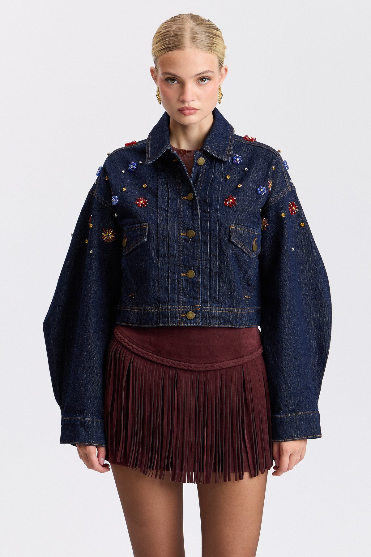 Dark blue denim jacket cropped with button-front - Shop designer women's cropped jackets by Avec Les Filles.
