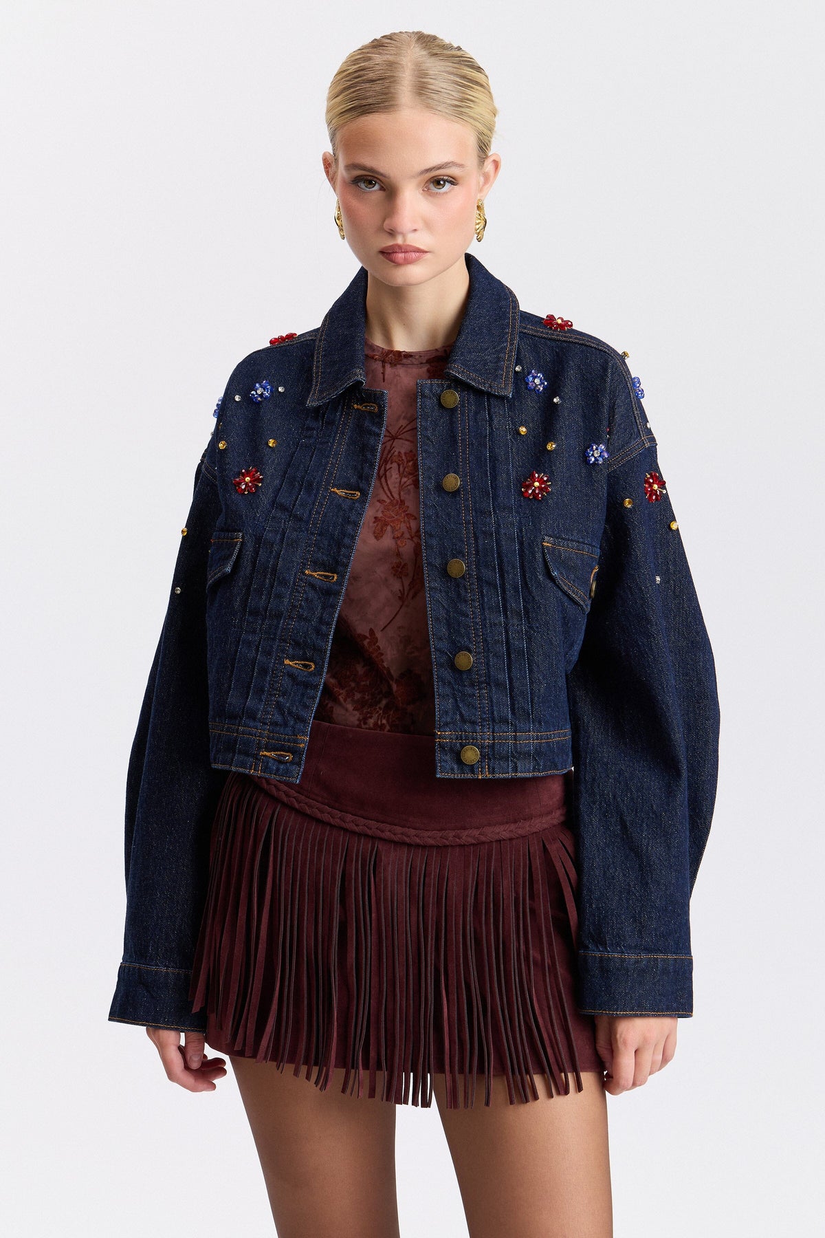 Dark blue denim cropped trucker rhinestone jacket with button-front - Shop cute jackets by Avec Les Filles.