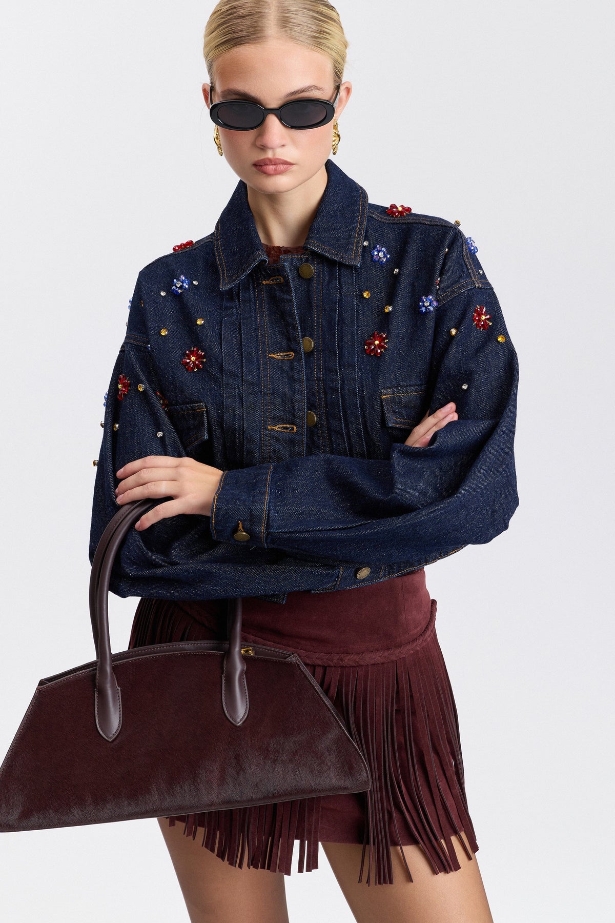 Dark blue denim cropped trucker rhinestone jacket with point collar - Shop cute jackets by Avec Les Filles.